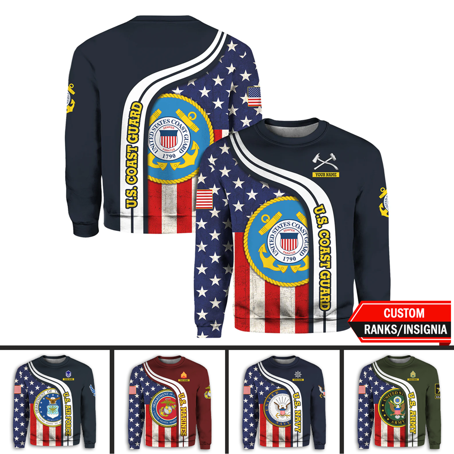 Custom 3D All Over Prints Crewneck Sweatshirt, Personalized Name And Military Logo, USA Flag