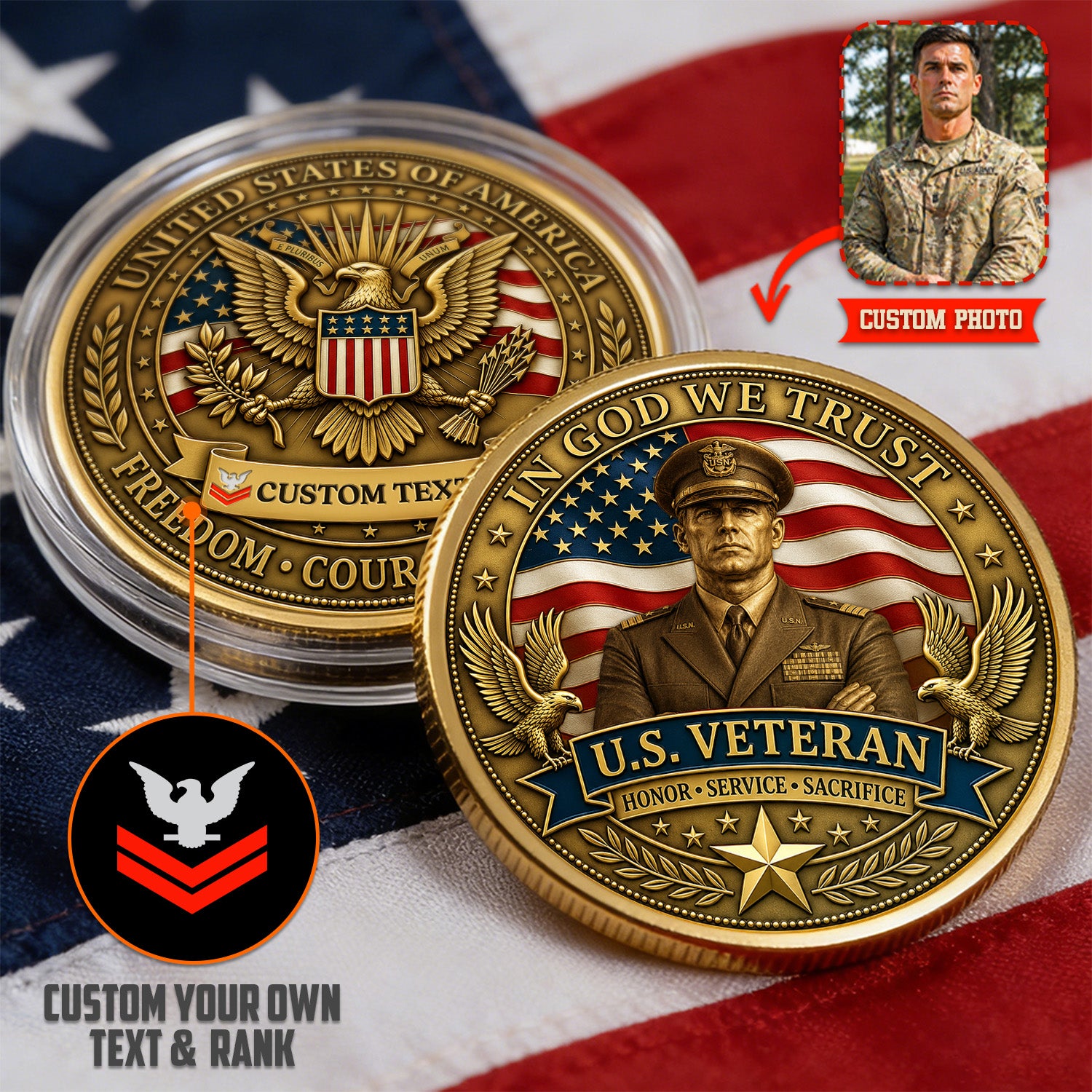 Personalized Navy Veteran Photo 3D Challenge Coin Custom Rank