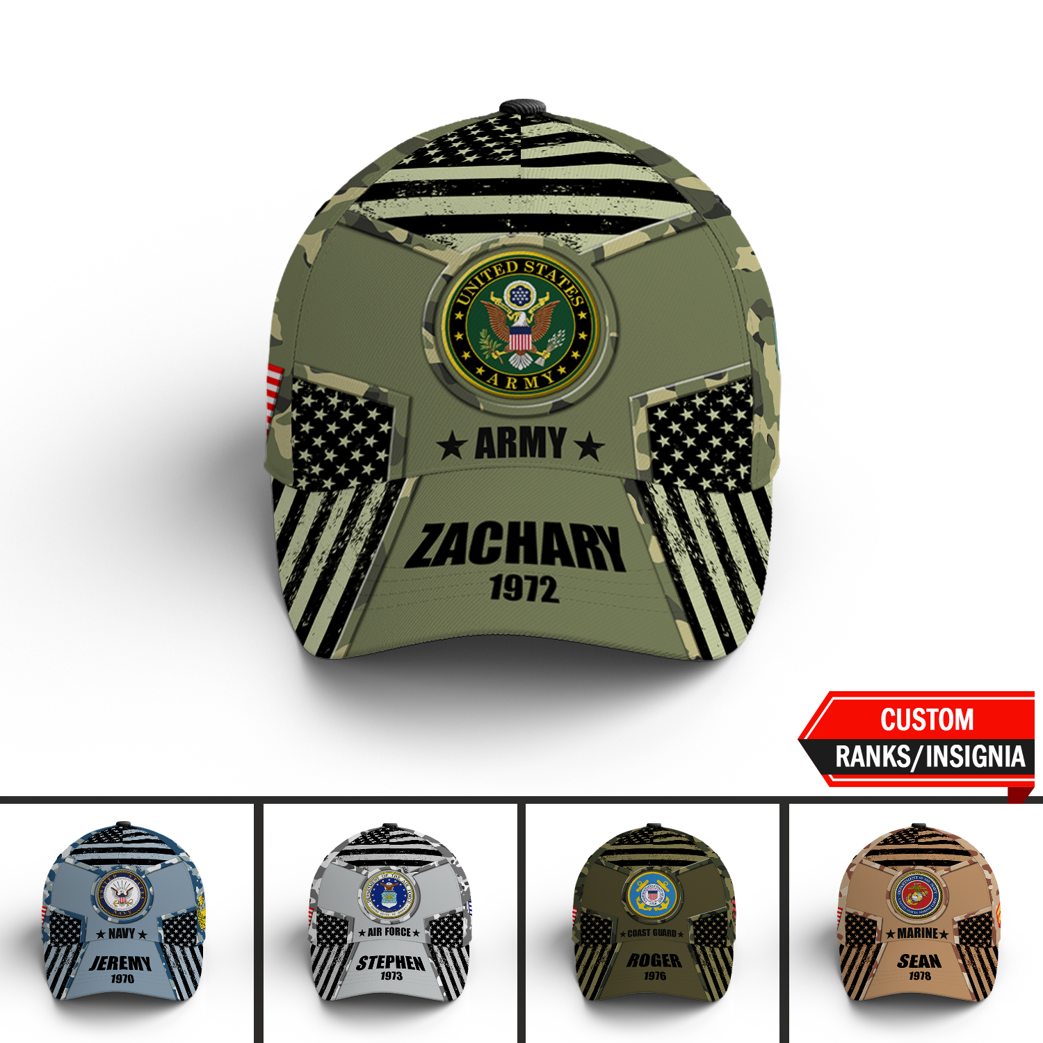 US Military Digital Camo, Custom Ranks/Insignia, Personalized Name And Years Served All Over Prints Premium Classic Cap