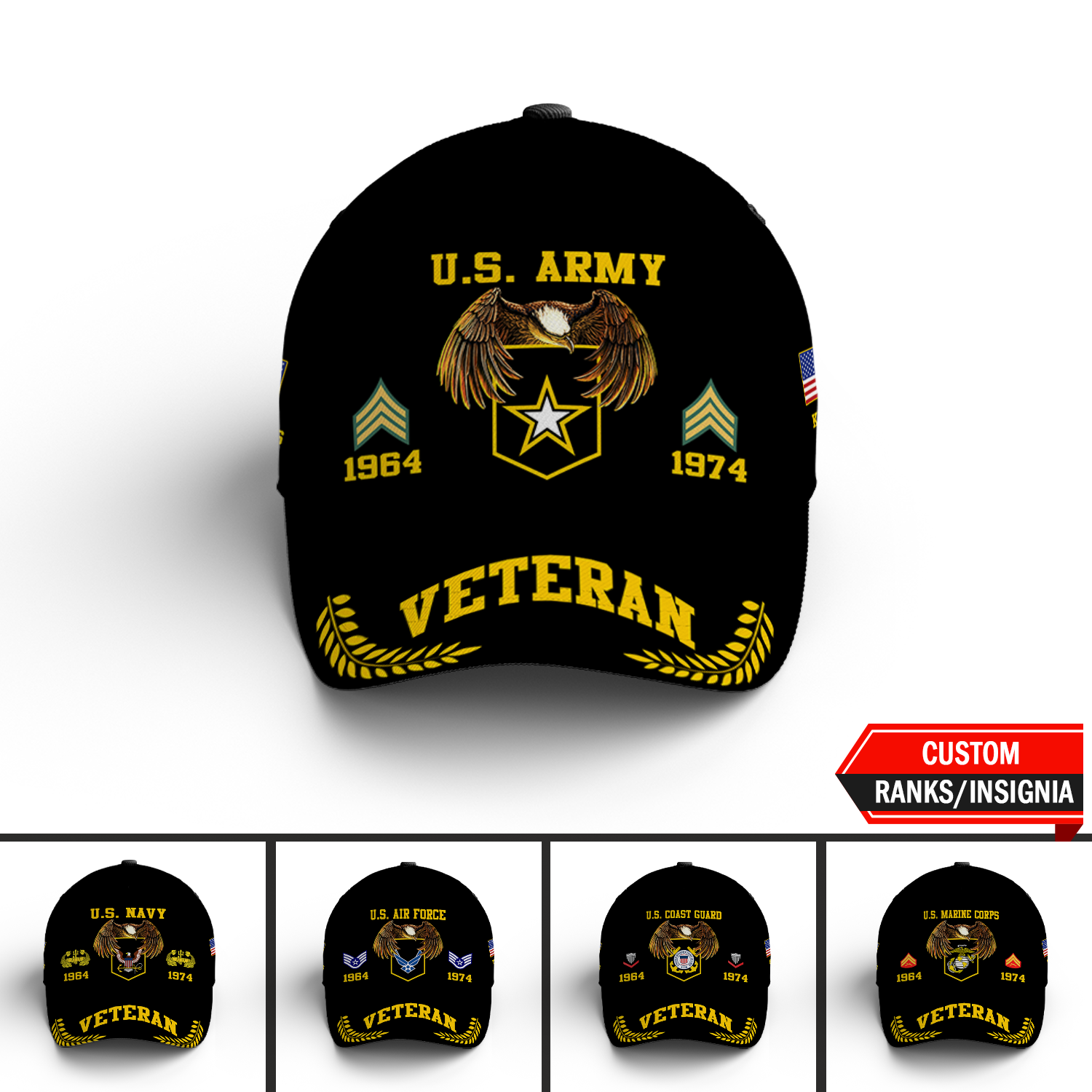 US Military Veteran Custom Ranks/Insignia, Personalized Name And Years