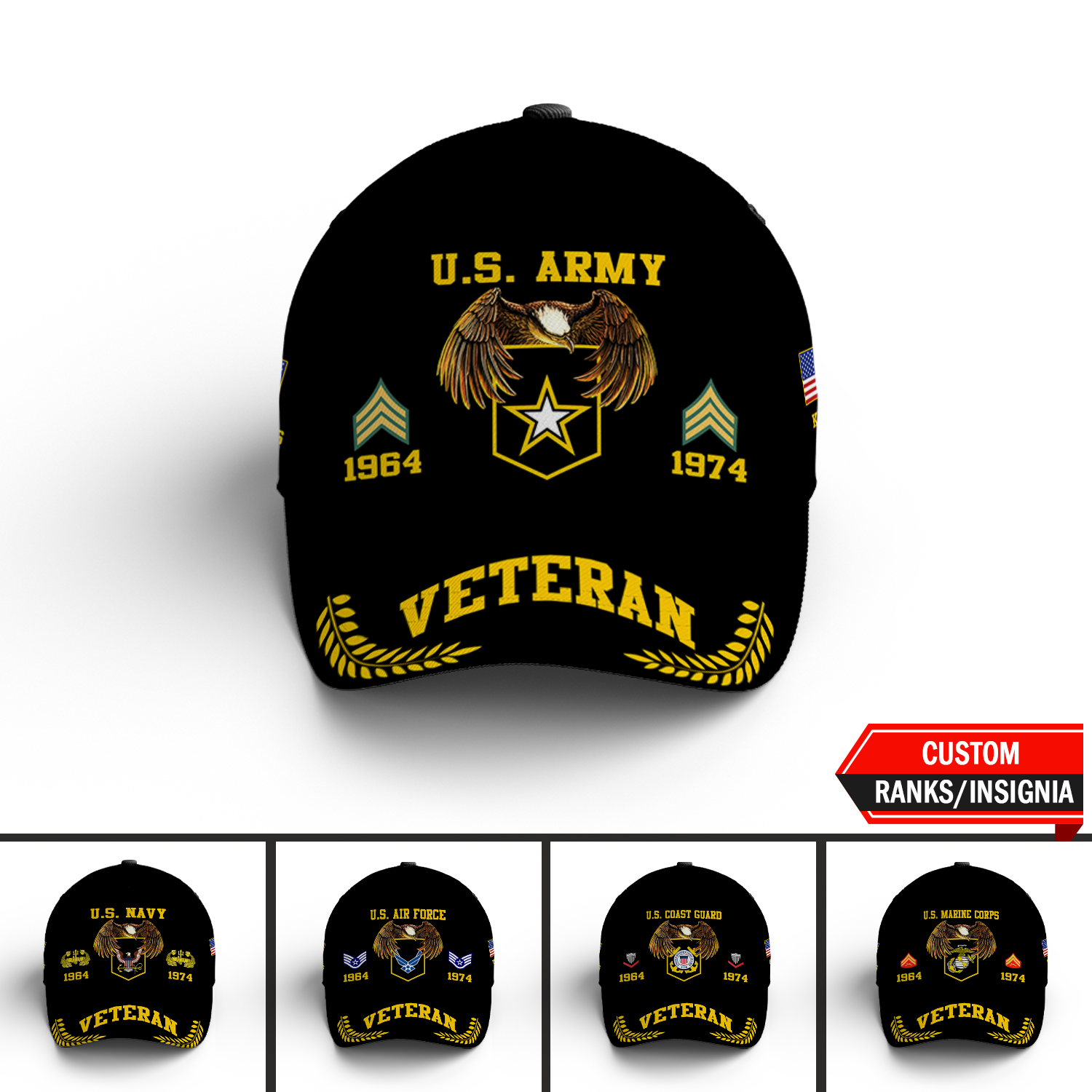 US Military Veteran Custom Ranks/Insignia, Personalized Name And Years Served All Over Prints Premium Classic Cap