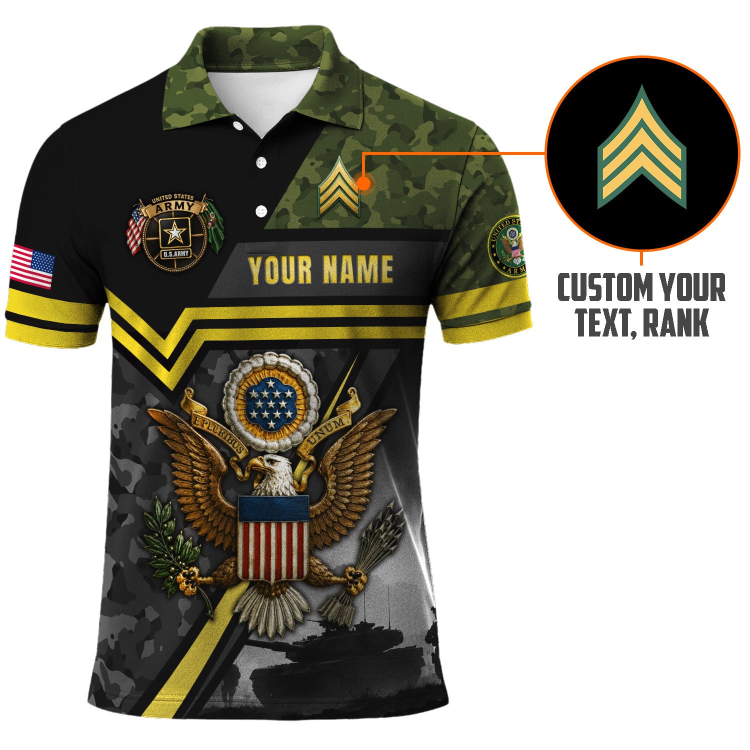 Custom Army Name and Rank 3D Polo Shirt for Veterans
