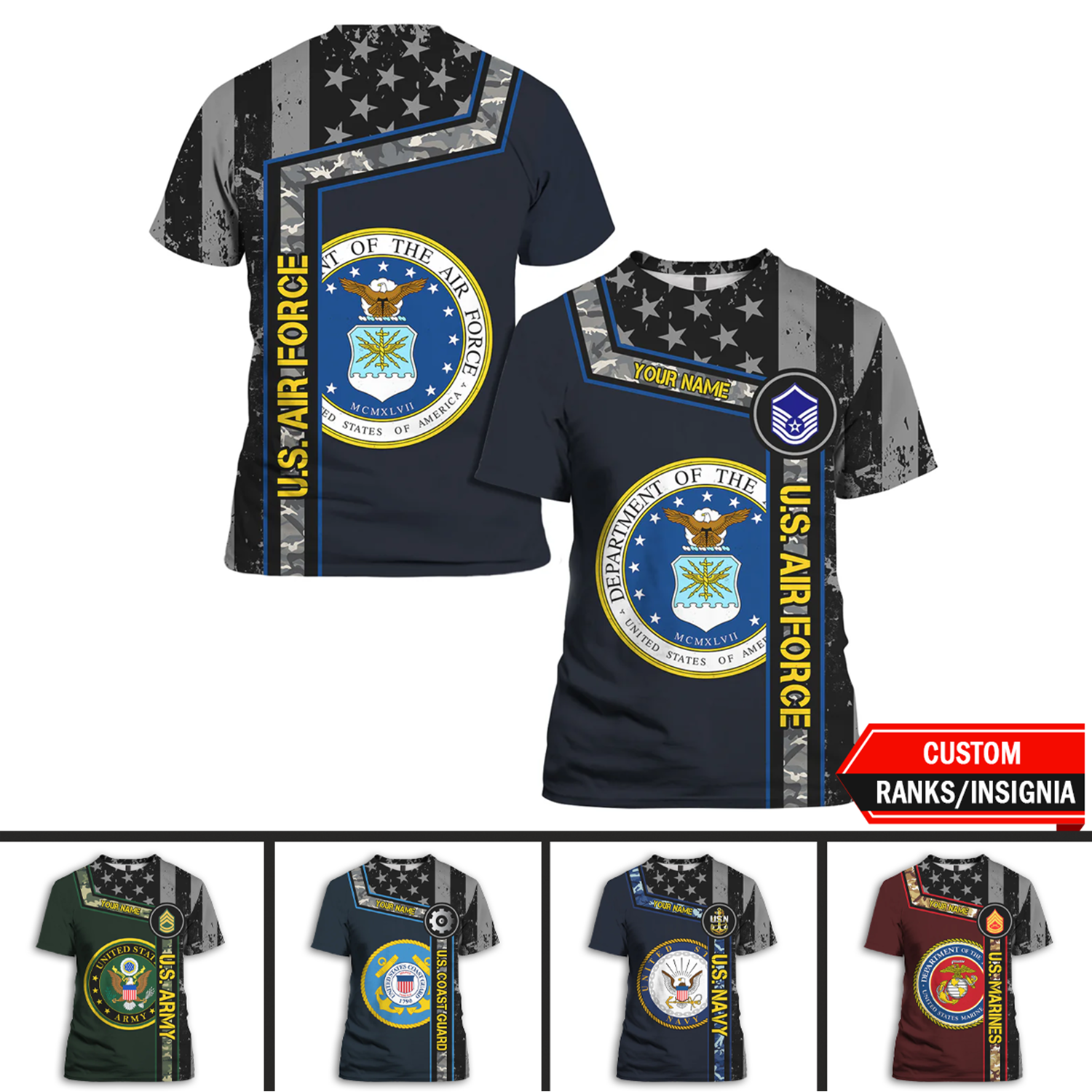 Custom 3D All Over Prints T-Shirt, Personalized Name And Military Logo, Black/White USA Flag