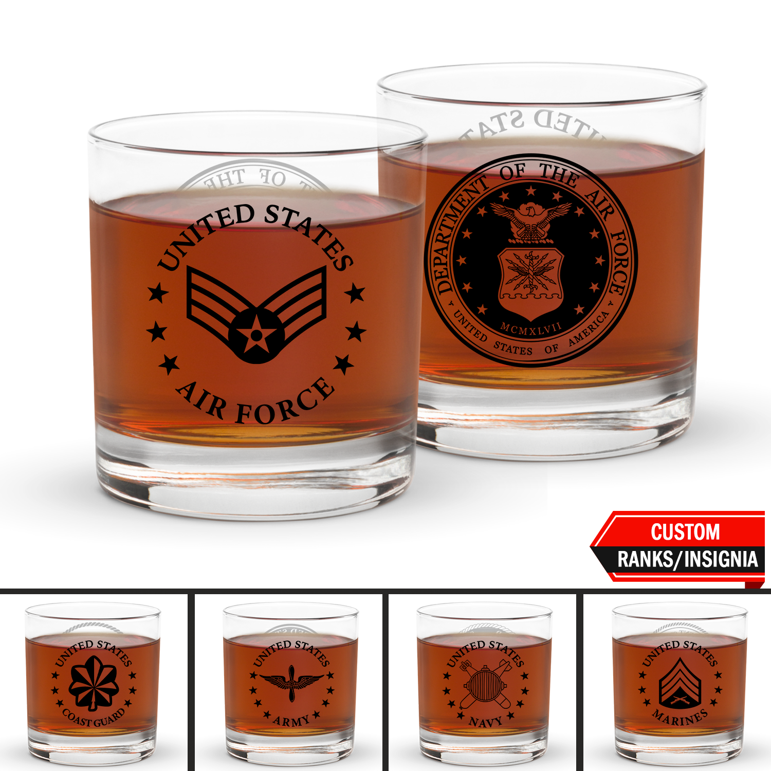 Custom US Military Ranks/Insignia Rocks Glass 10.5 oz