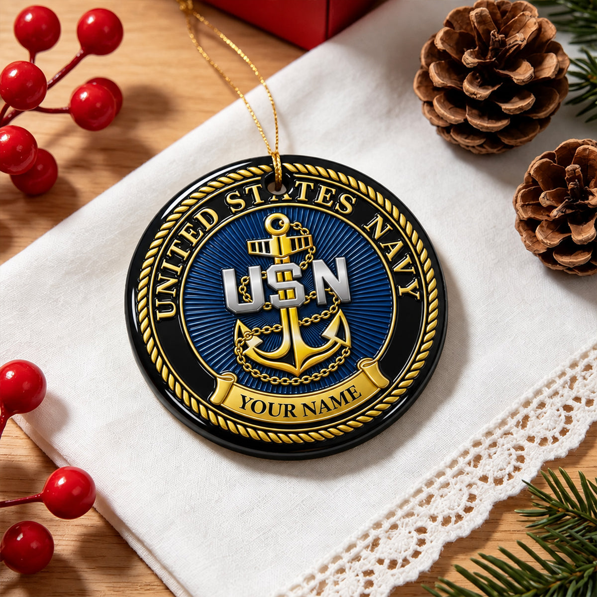 U.S. Navy 3D Ceramic Ornament Custom Rank Text Military Keepsake