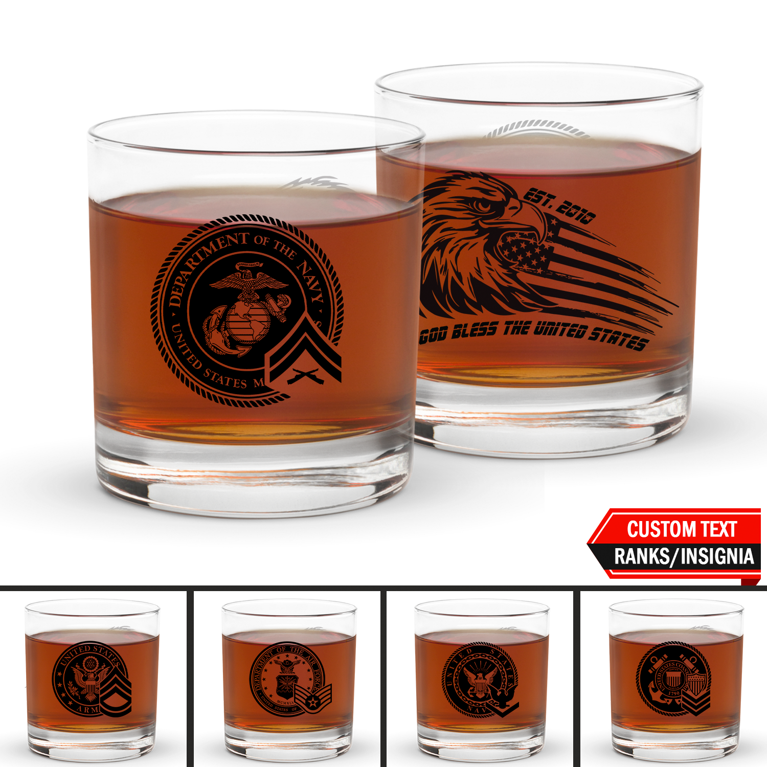 Custom US Military Ranks/Insignia KRGL03 Patriotic Eagle Rocks Glass - 10oz