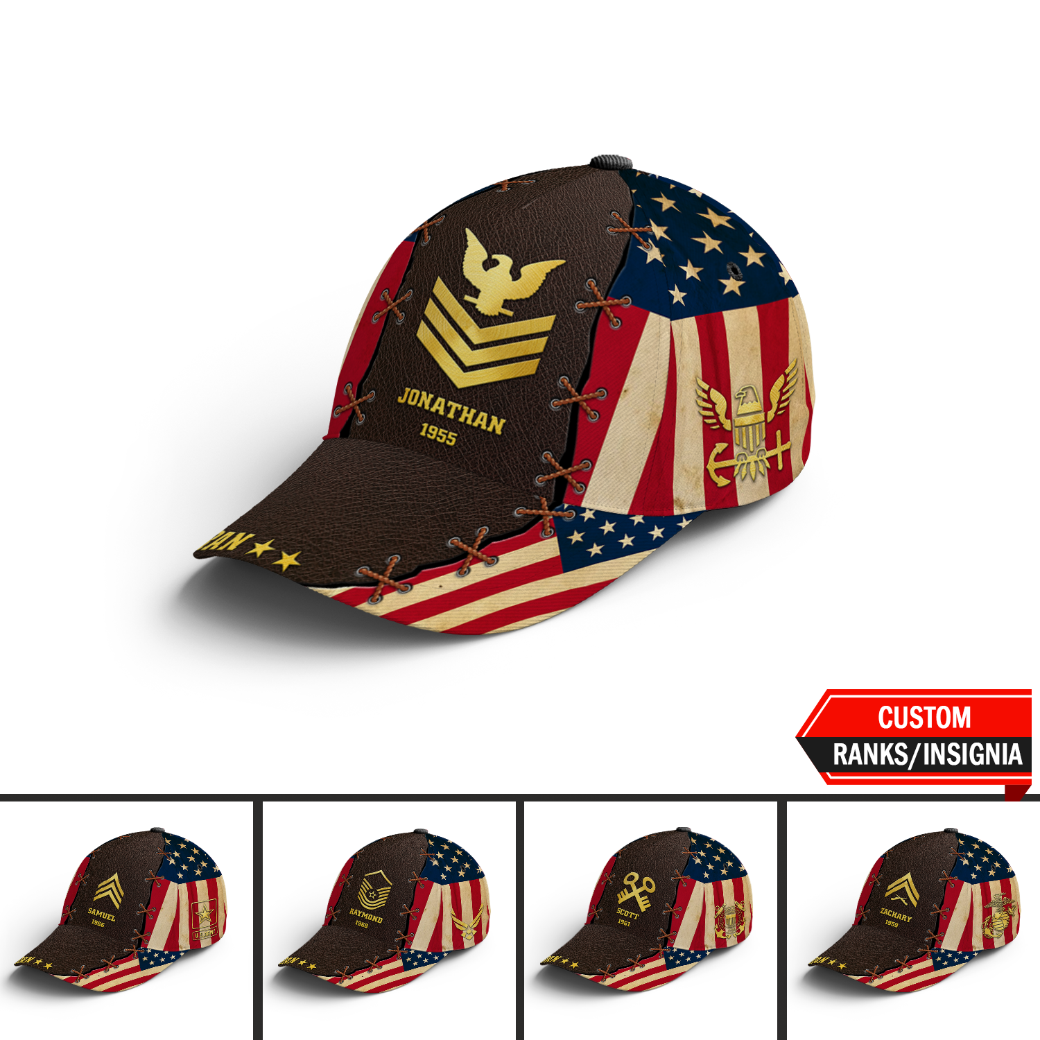 US Military Veteran, USA Flag Custom Ranks/Insignia, Personalized Name And Years Served All Over Prints Premium Classic Cap