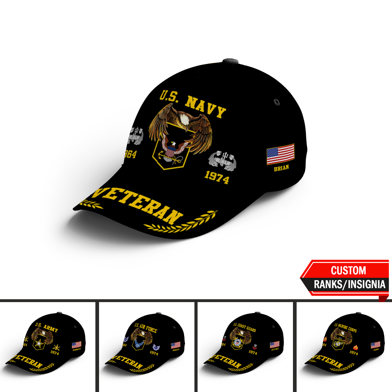 US Military Veteran Custom Ranks/Insignia, Personalized Name And Years Served All Over Prints Premium Classic Cap