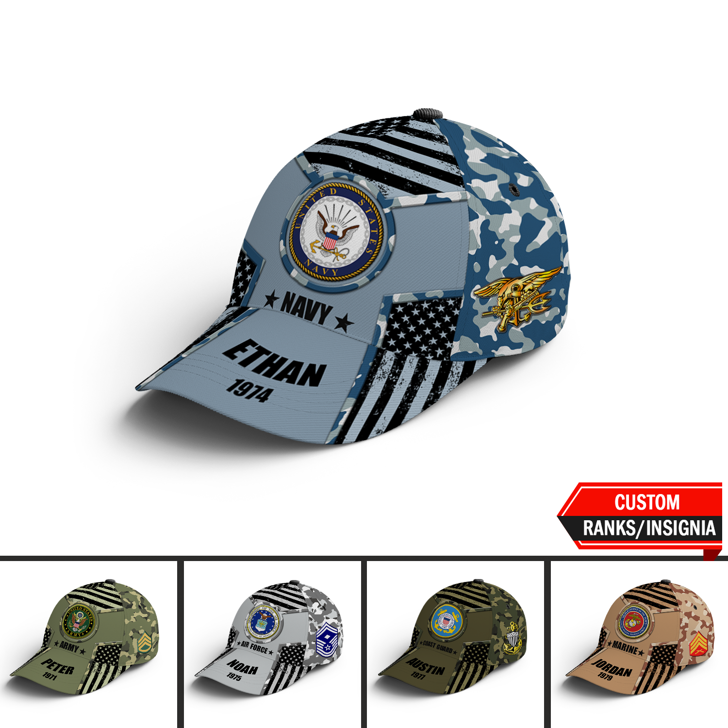 US Military Digital Camo, Custom Ranks/Insignia, Personalized Name And Years Served All Over Prints Premium Classic Cap