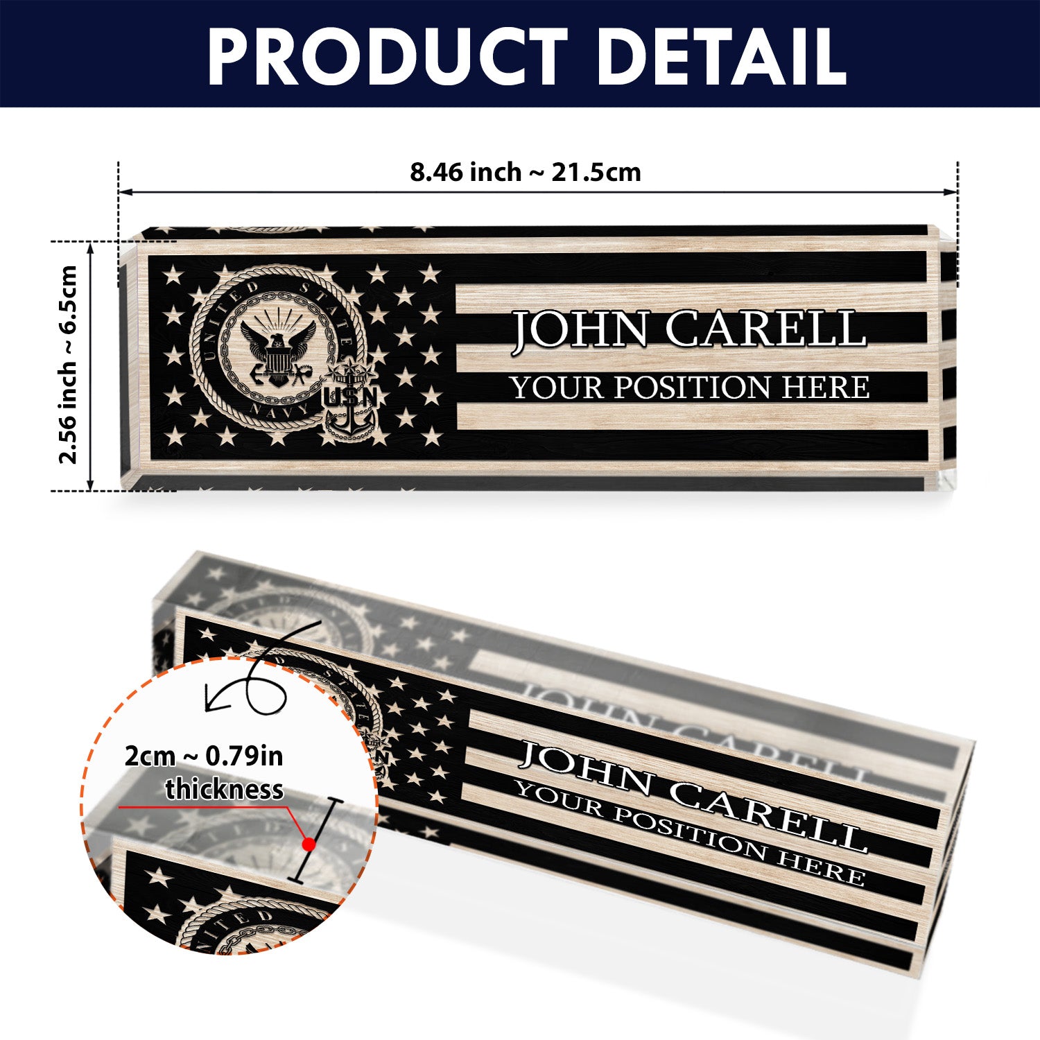 Custom US Navy Black & White Flag Desk Nameplate for Sailors, Veterans