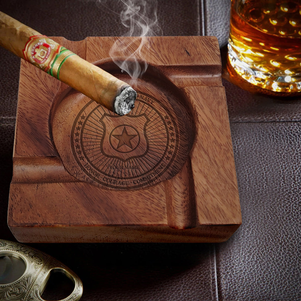Custom Navy Wooden Cigar Ashtray Personalized Rank and Custom Text