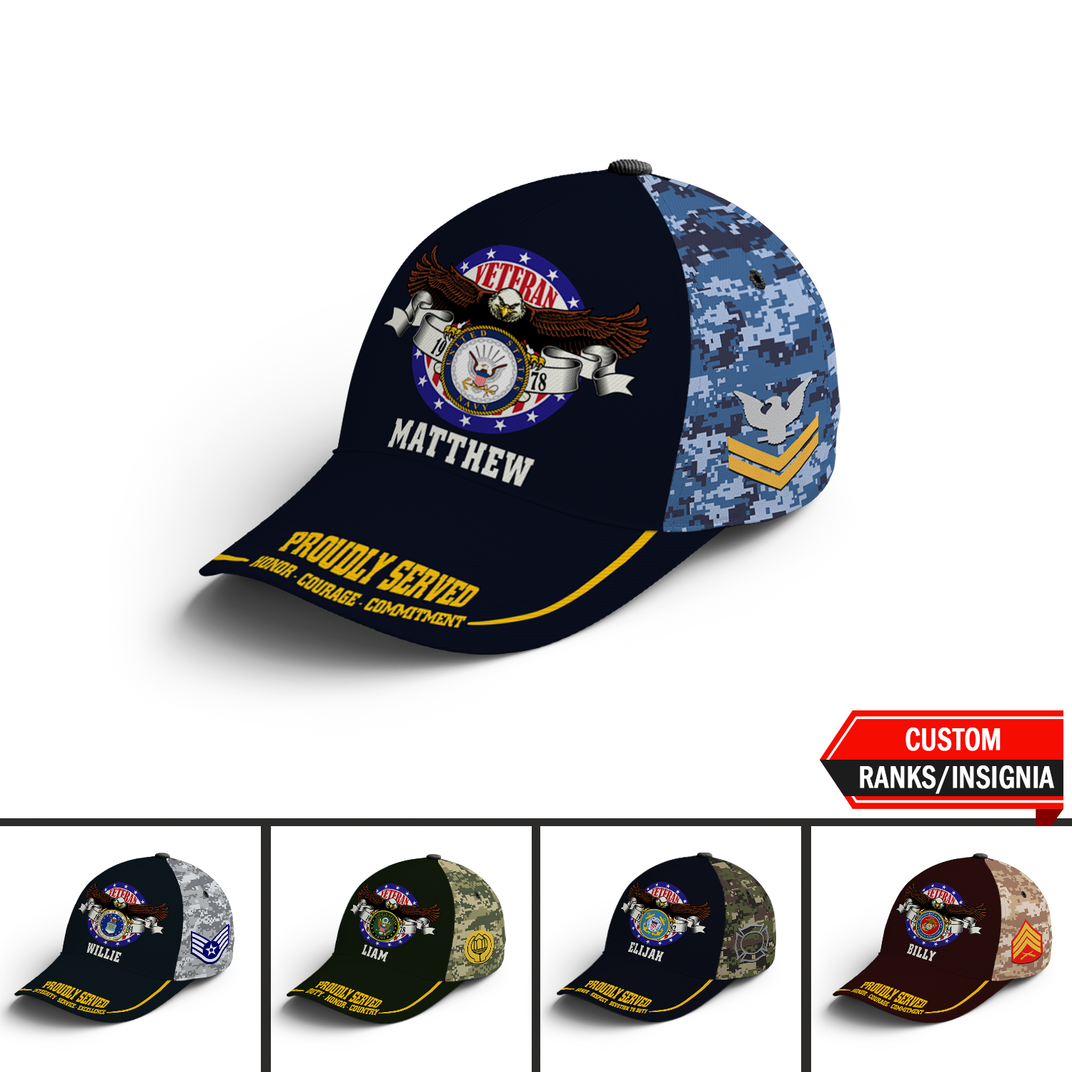 US Military Veteran, Proudly Served, Custom Ranks/Insignia, Personalized Name And Years Served All Over Prints Premium Classic Cap