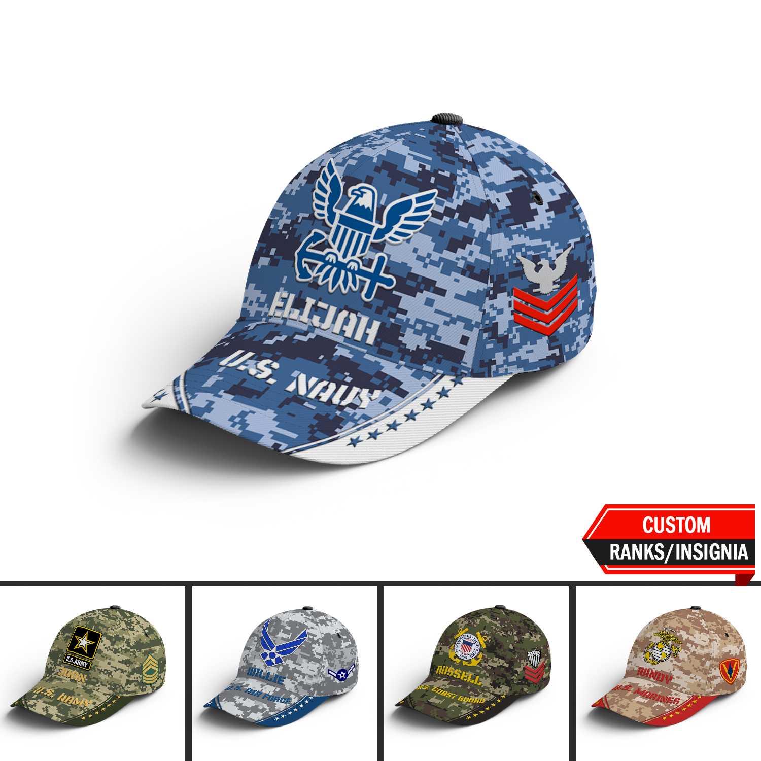 Custom Ranks/Insignia, Military Digital Camo, Personalized Name And Years Served All Over Prints Premium Classic Cap