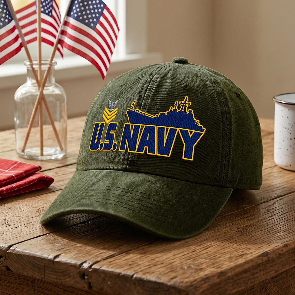Personalized U.S. Navy Embroidered Washed Cap Custom Rank and Text