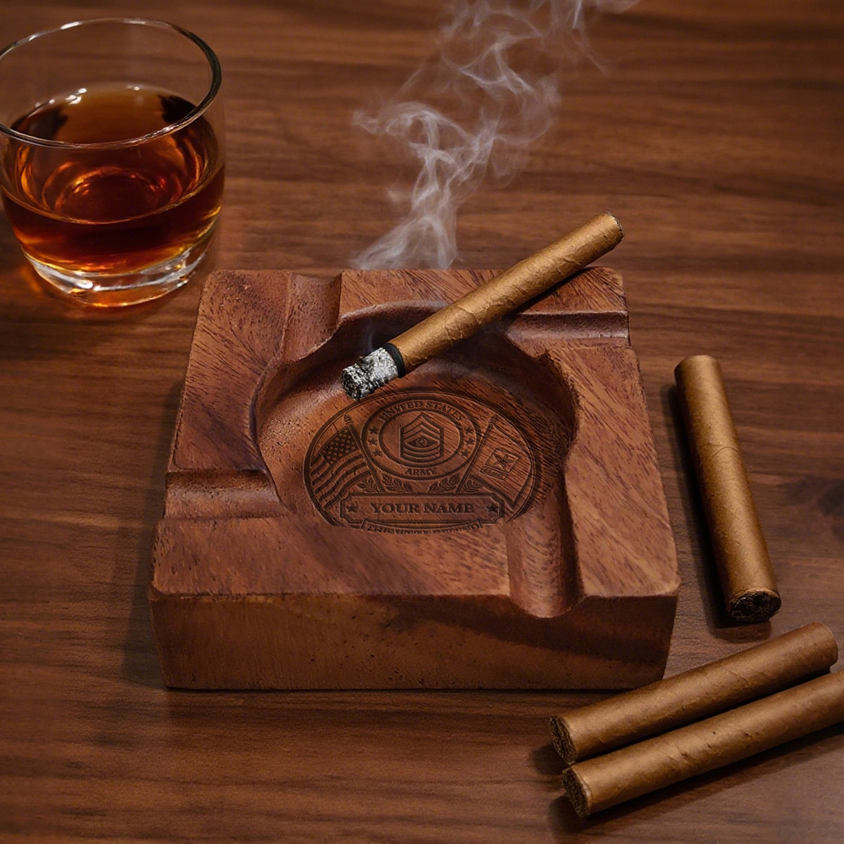 U.S. Army Walnut Cigar Ashtray Custom Military Rank and Text