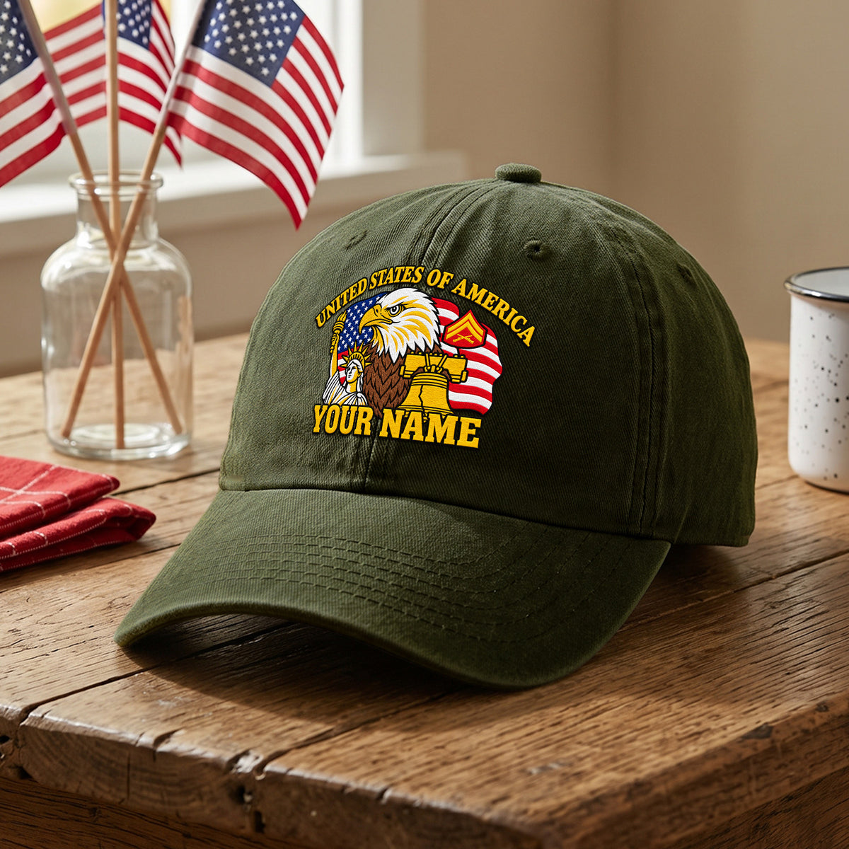 U.S. Marine Corps Embroidered Cap Custom Rank Text Veteran Gift