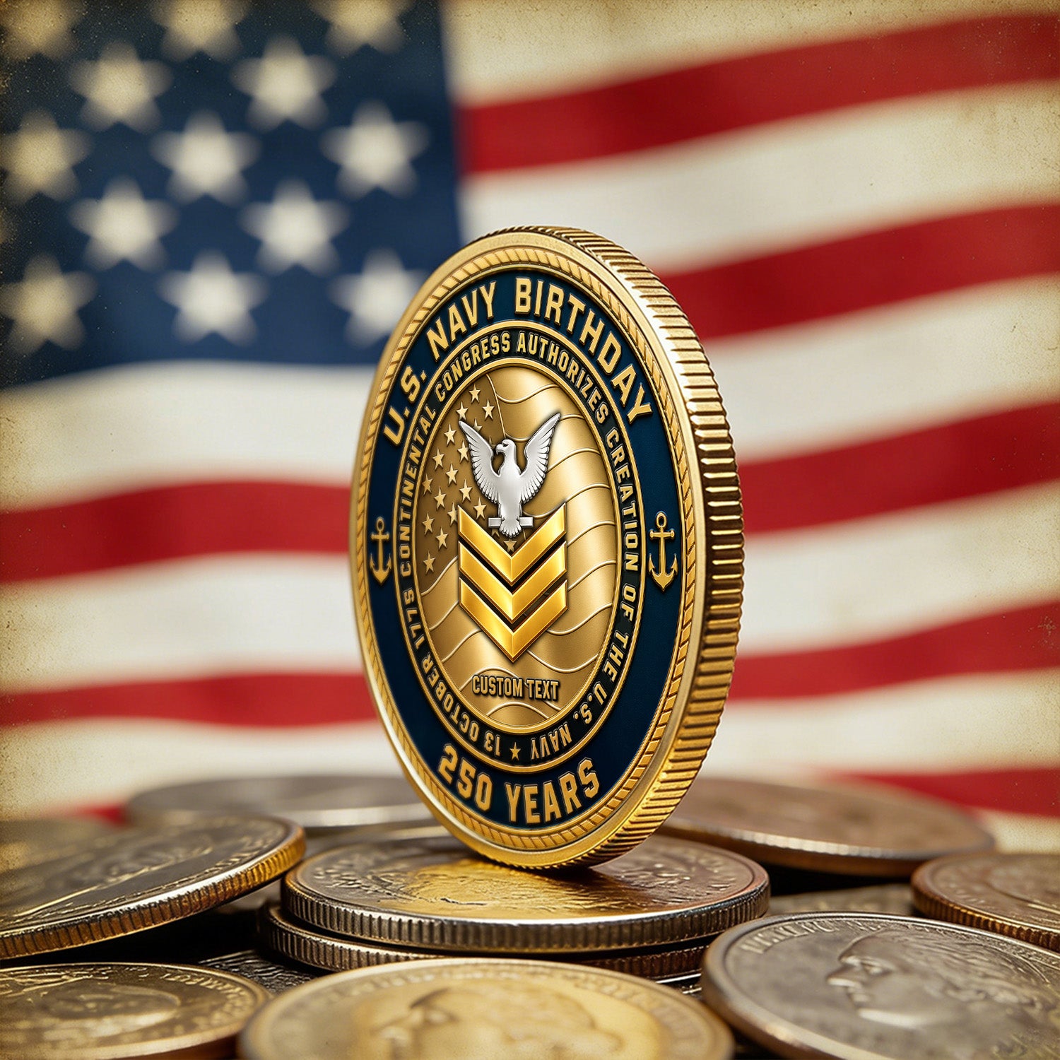 US Navyy 250 Years Custom Rank 3D Challenge Coin