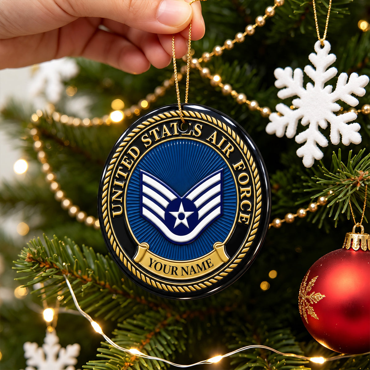 U.S. Navy 3D Ceramic Ornament Custom Rank Text Military Keepsake