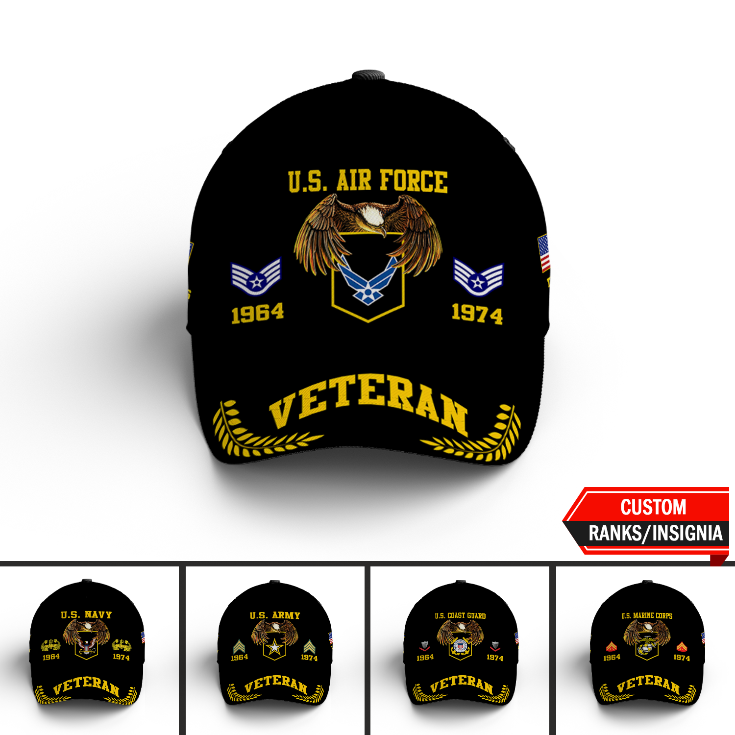 US Military Veteran Custom Ranks/Insignia, Personalized Name And Years Served All Over Prints Premium Classic Cap