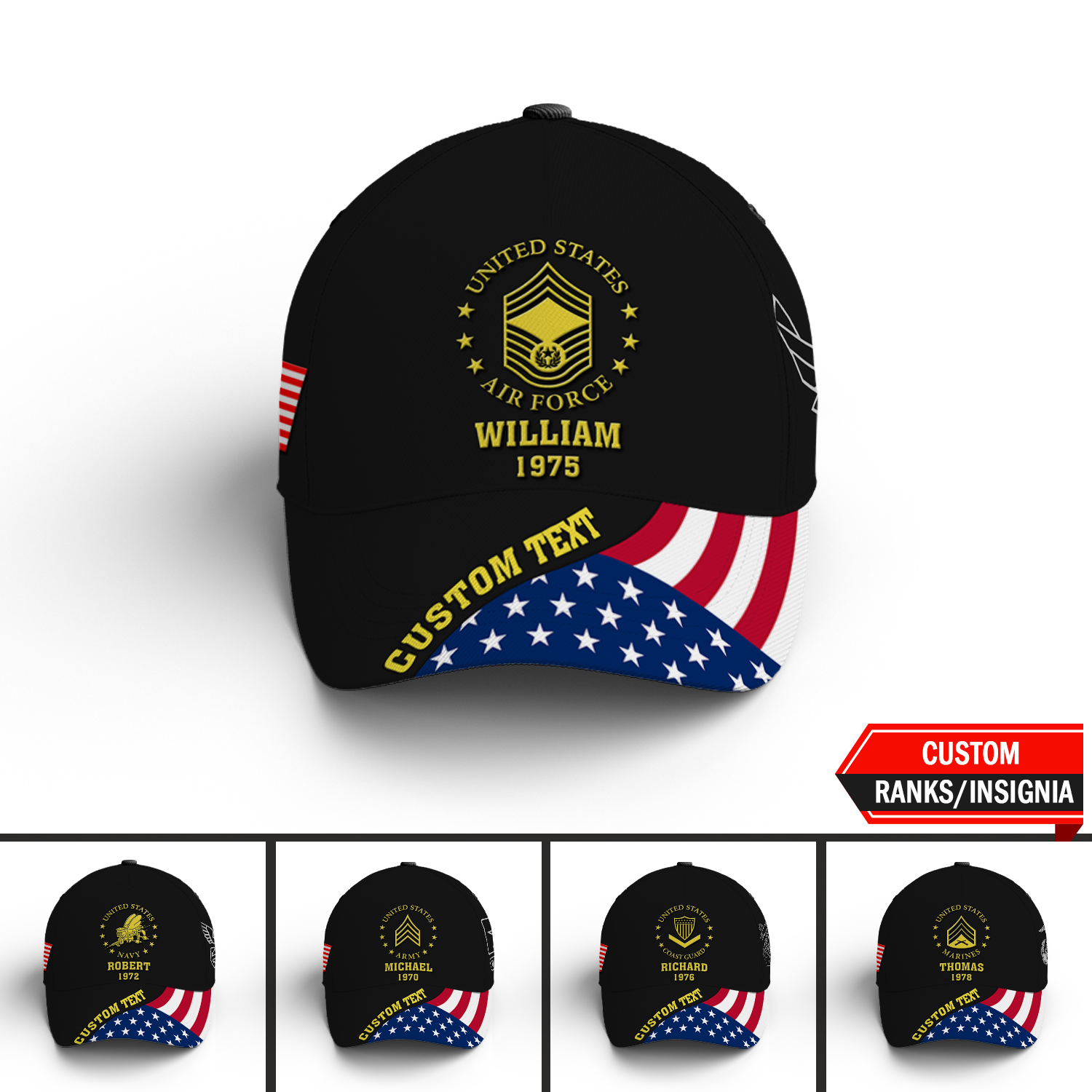 Custom Military Ranks/Insignia, Personalized Name And Years Served All Over Prints Premium Classic Cap