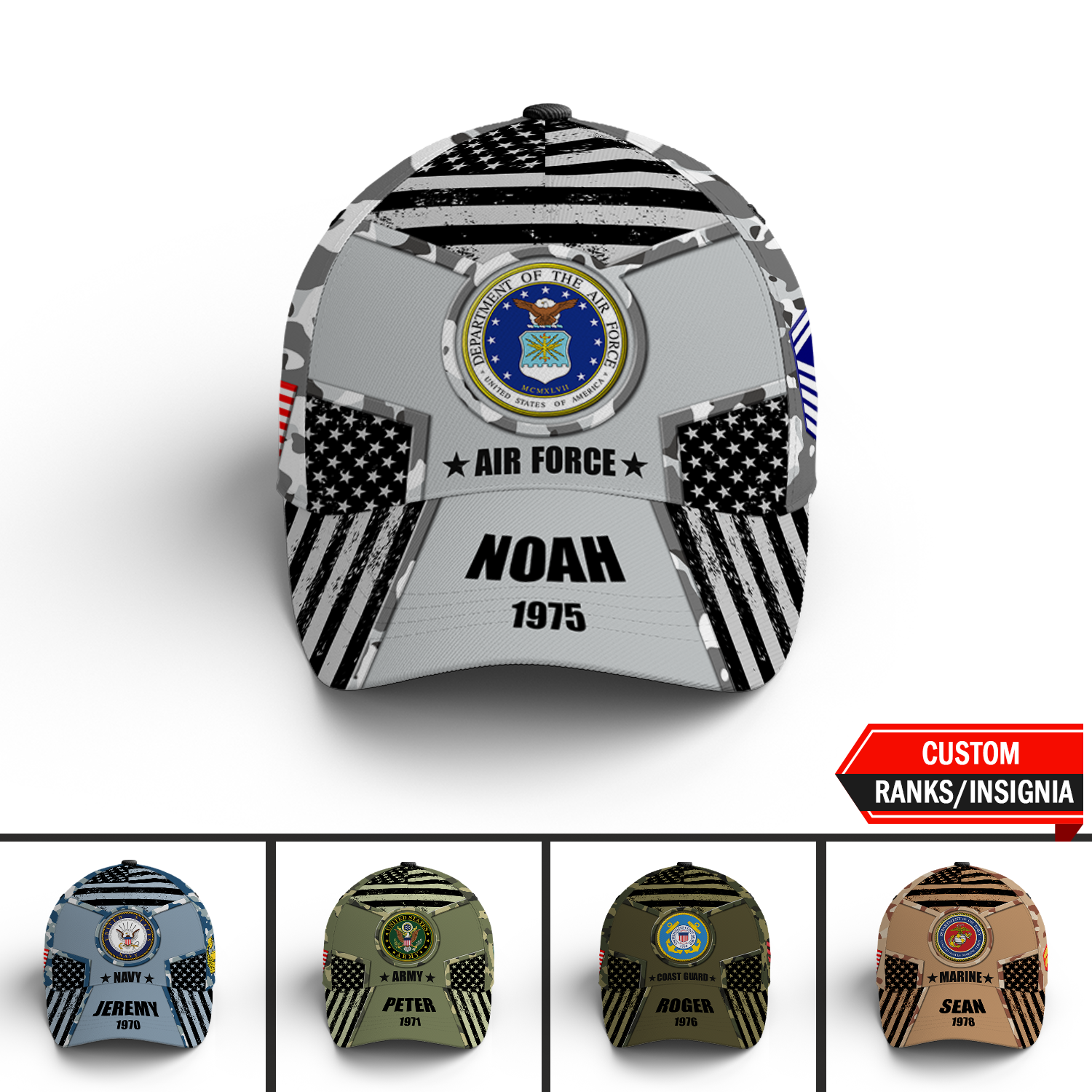 US Military Digital Camo, Custom Ranks/Insignia, Personalized Name And Years Served All Over Prints Premium Classic Cap