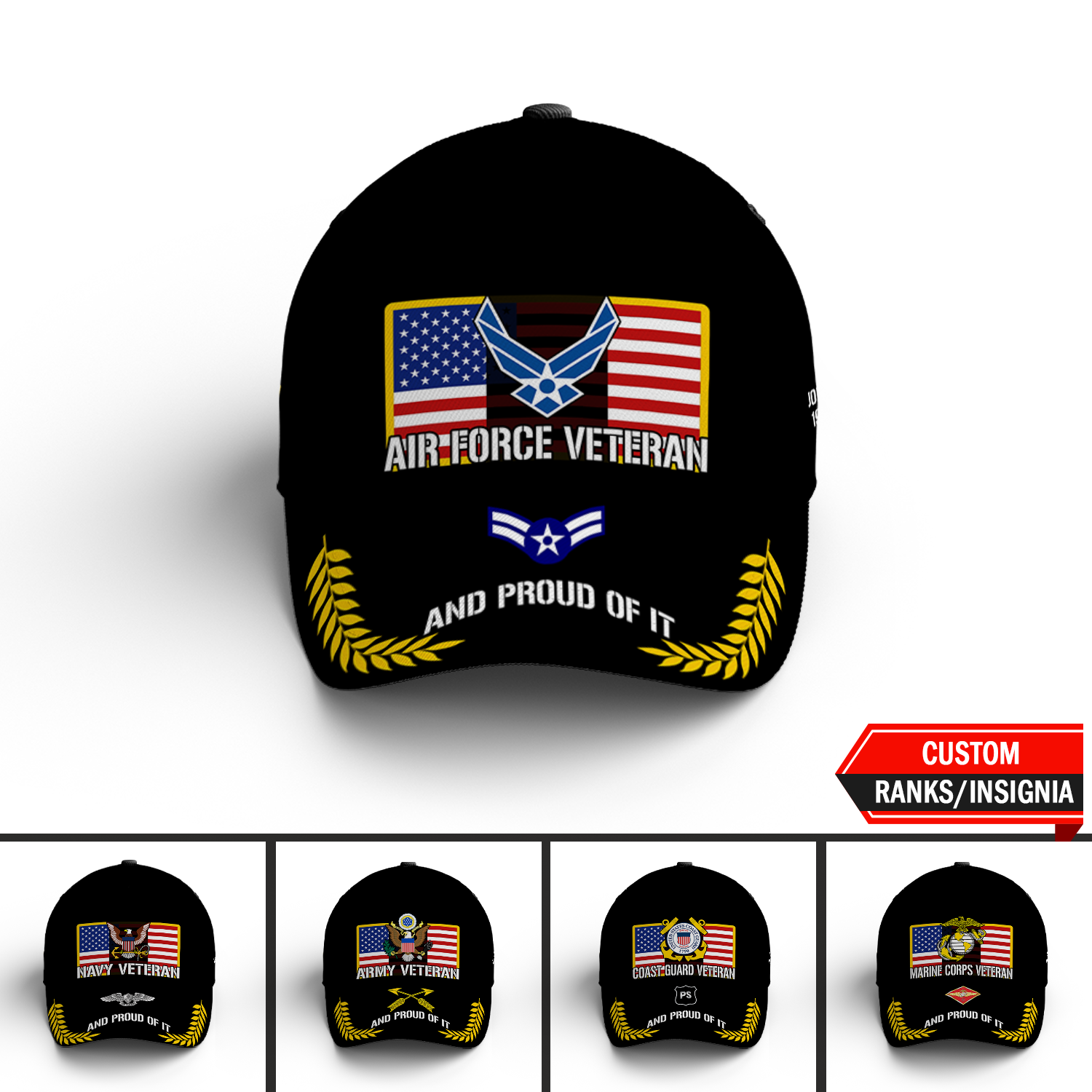 US Military Veteran Proudly Served Custom Ranks/Insignia, Personalized Name And Years Served All Over Prints Premium Classic Cap