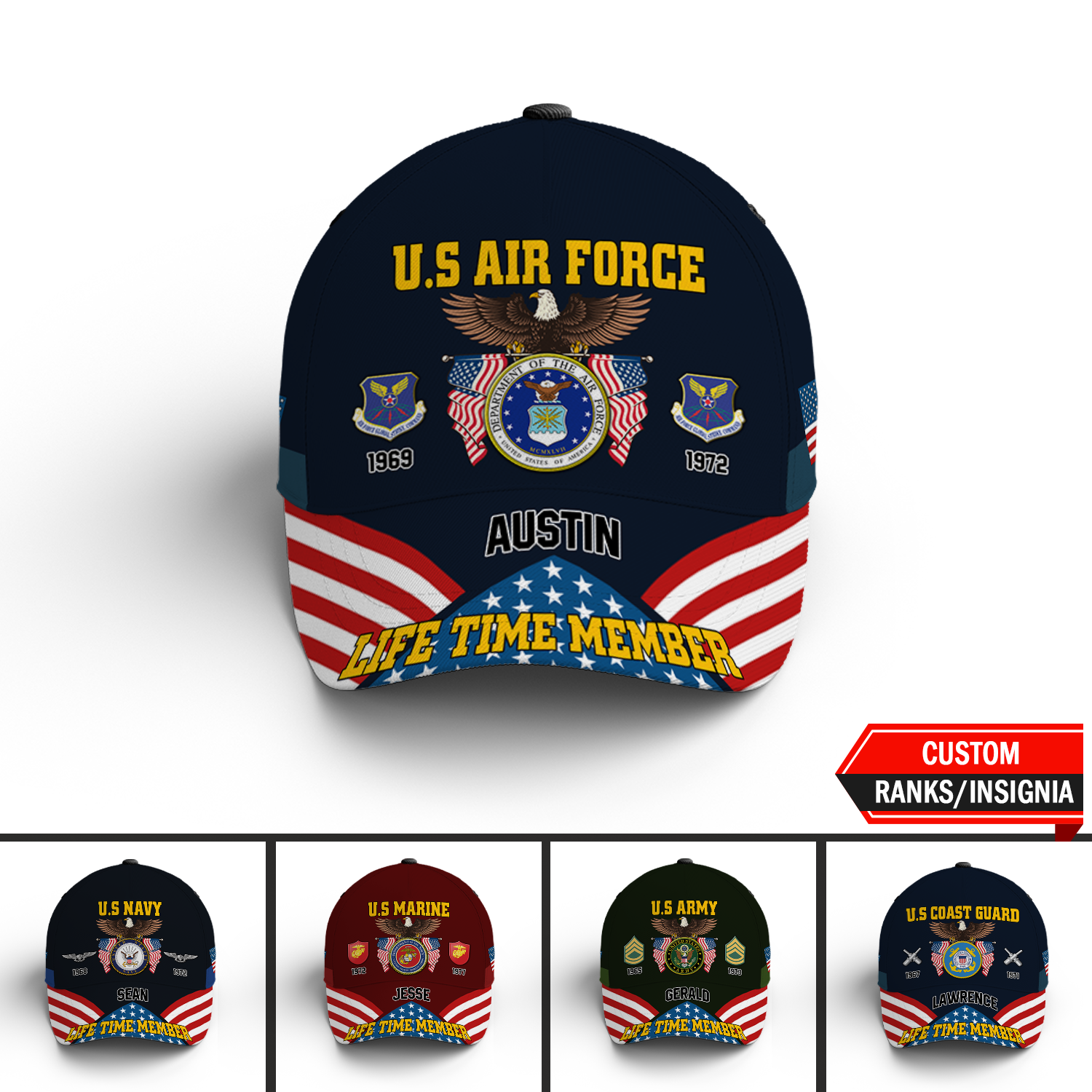 Custom Ranks/Insignia, Personalized Name And Years Served All Over Prints Premium Classic Cap KAOVC11