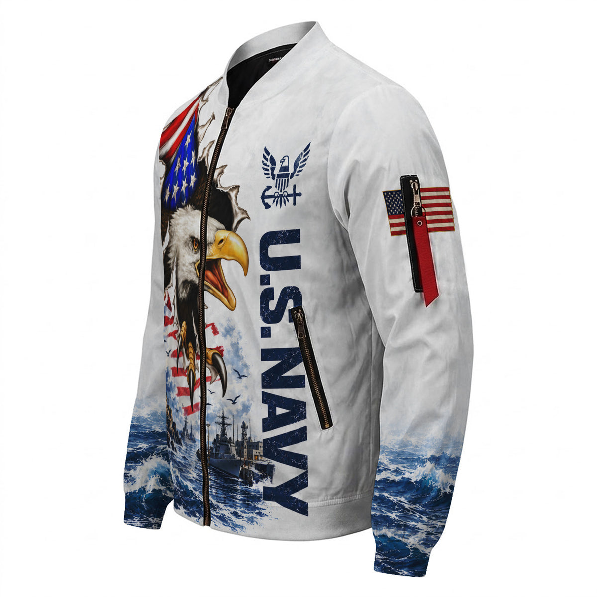 Personalized U.S. Navy Bomber Jacket Custom Rank & Text Veteran Gift