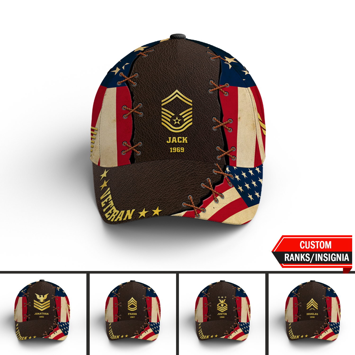 US Military Veteran, USA Flag Custom Ranks/Insignia, Personalized Name And Years Served All Over Prints Premium Classic Cap