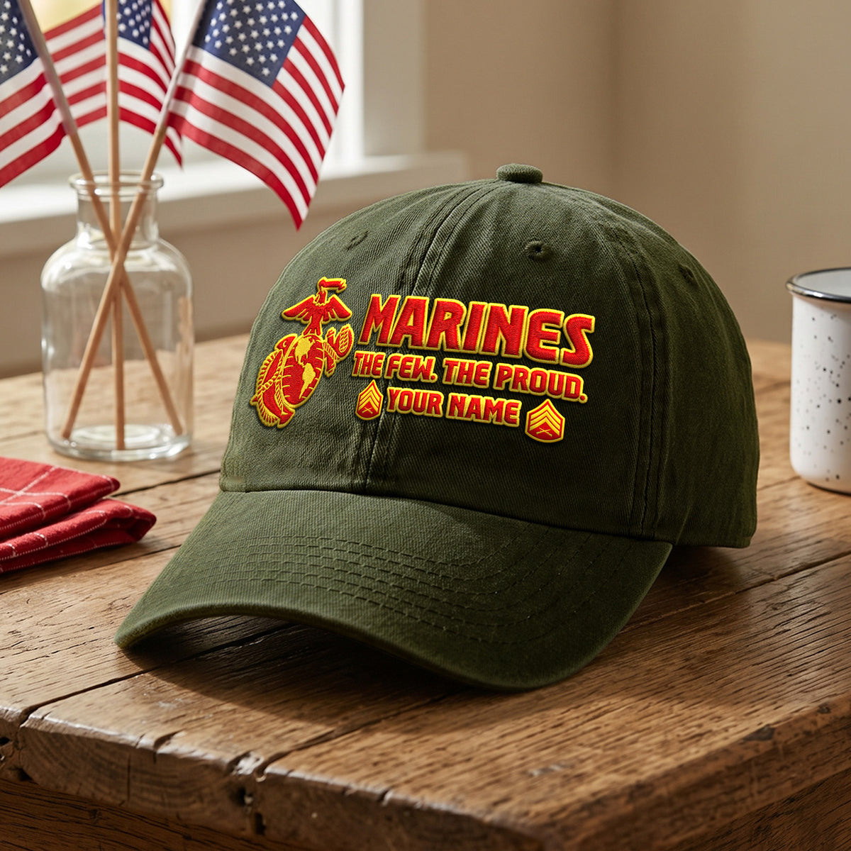 Personalized U.S. Marine Corps Embroidered Washed Cap Custom Rank and Text