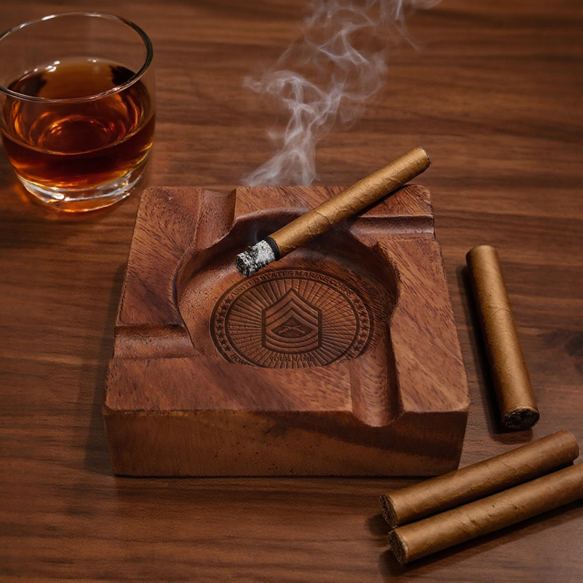 Custom Navy Wooden Cigar Ashtray Personalized Rank and Custom Text