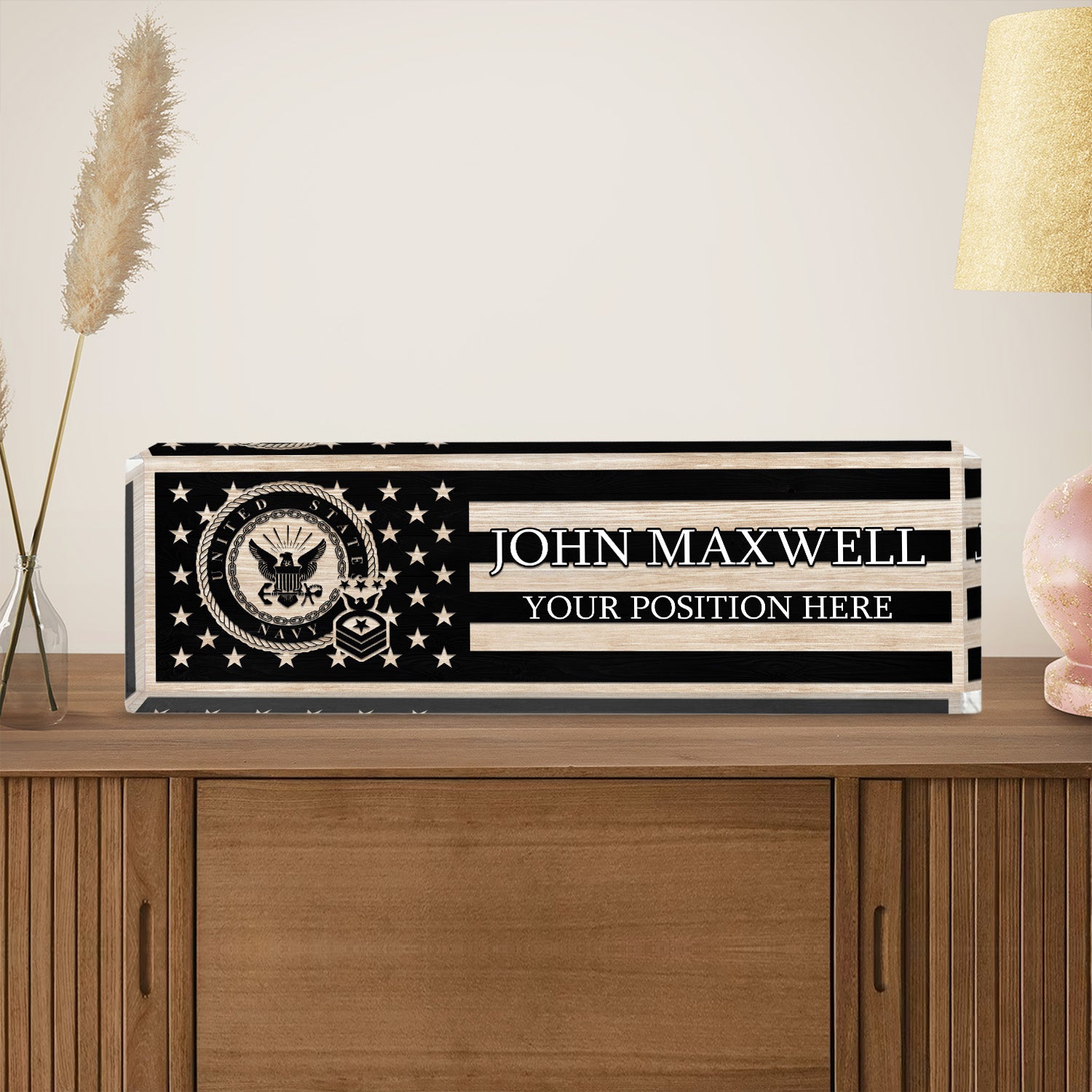 Custom US Navy Black & White Flag Desk Nameplate for Sailors, Veterans