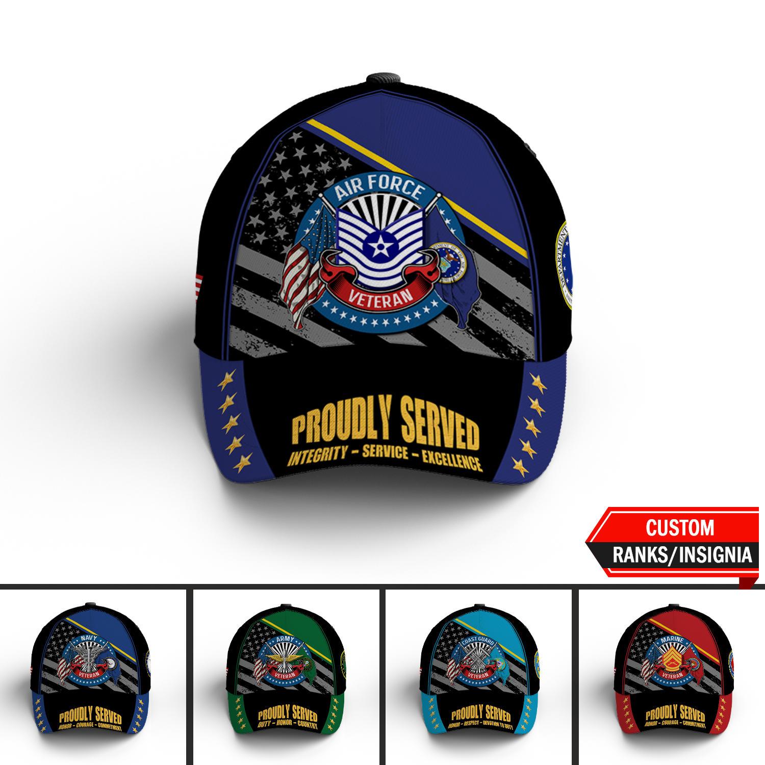 Custom Ranks/Insignia, Personalized Name And Years Served All Over Prints Premium Classic Cap KAOVC07