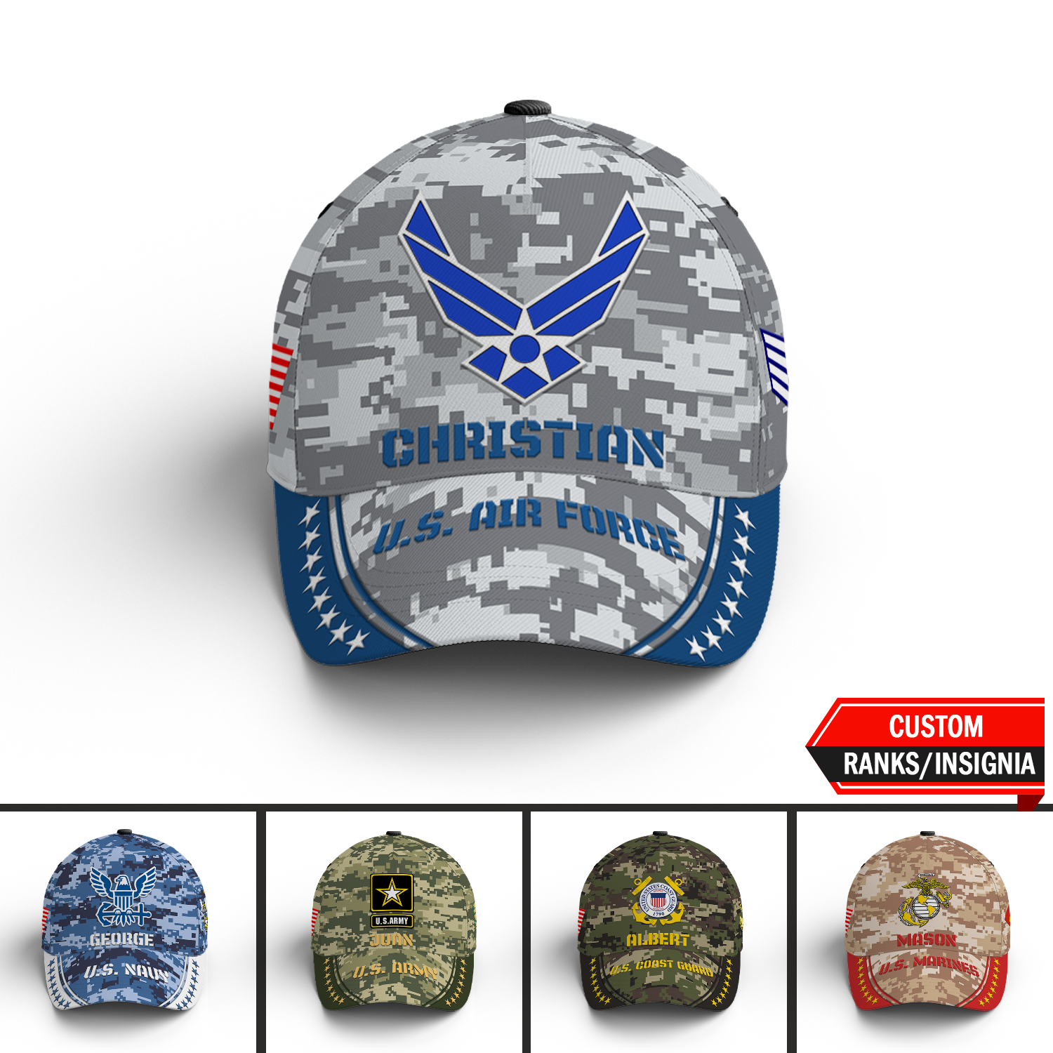 Custom Ranks/Insignia, Military Digital Camo, Personalized Name And Years Served All Over Prints Premium Classic Cap