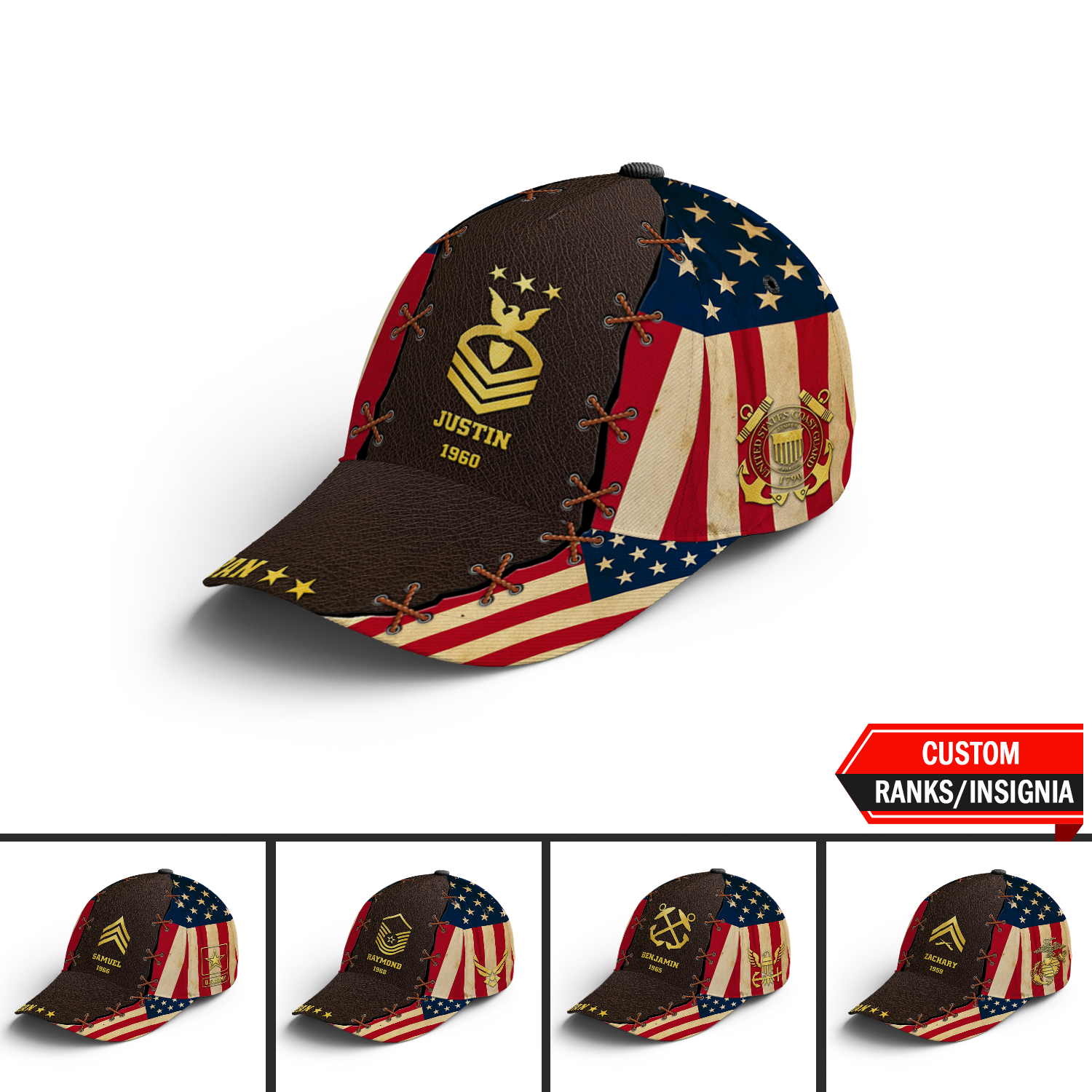 US Military Veteran, USA Flag Custom Ranks/Insignia, Personalized Name And Years Served All Over Prints Premium Classic Cap