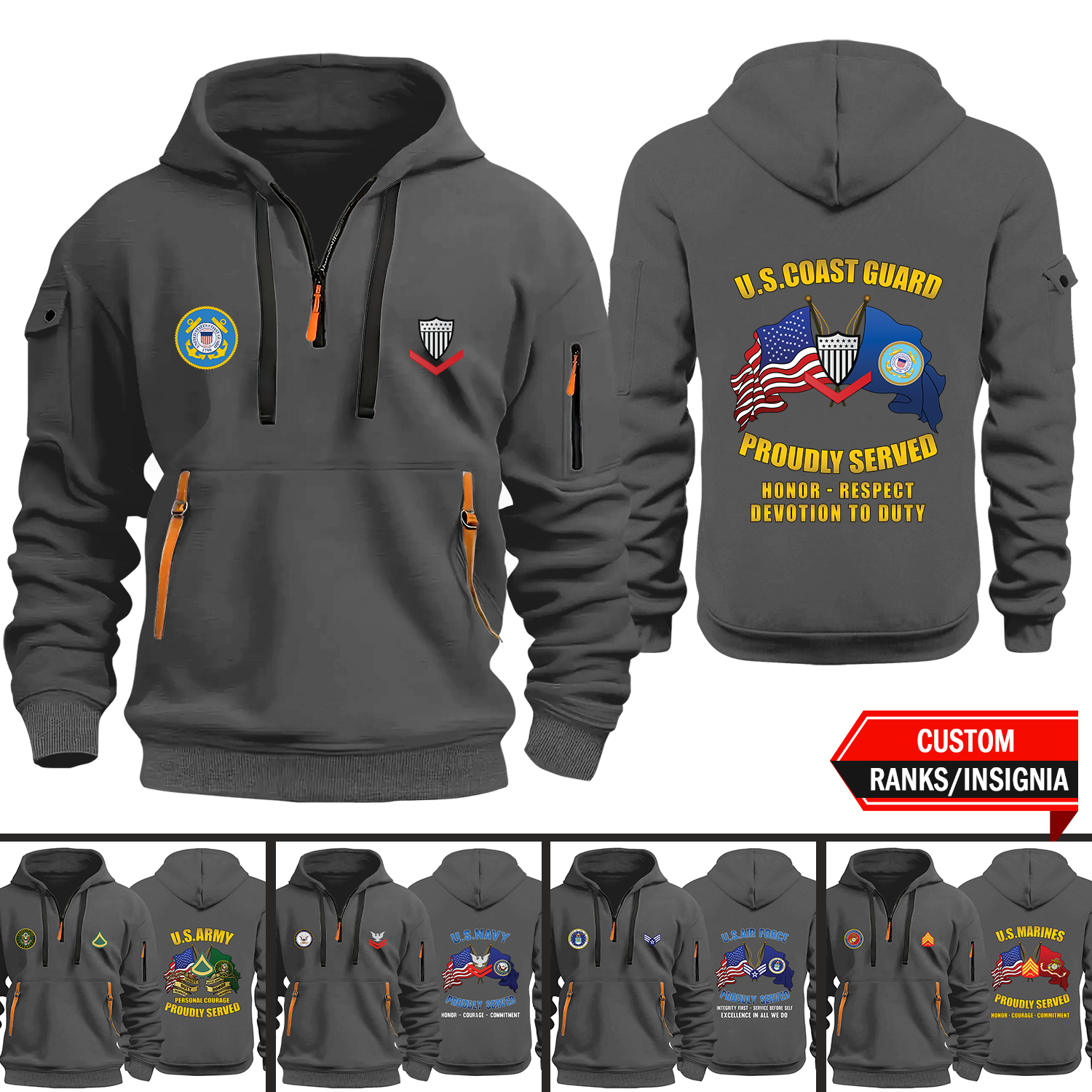 CustomUS Military Logo/Ranks Proudly Served Core Values 2D Quarter Zip Hoodie