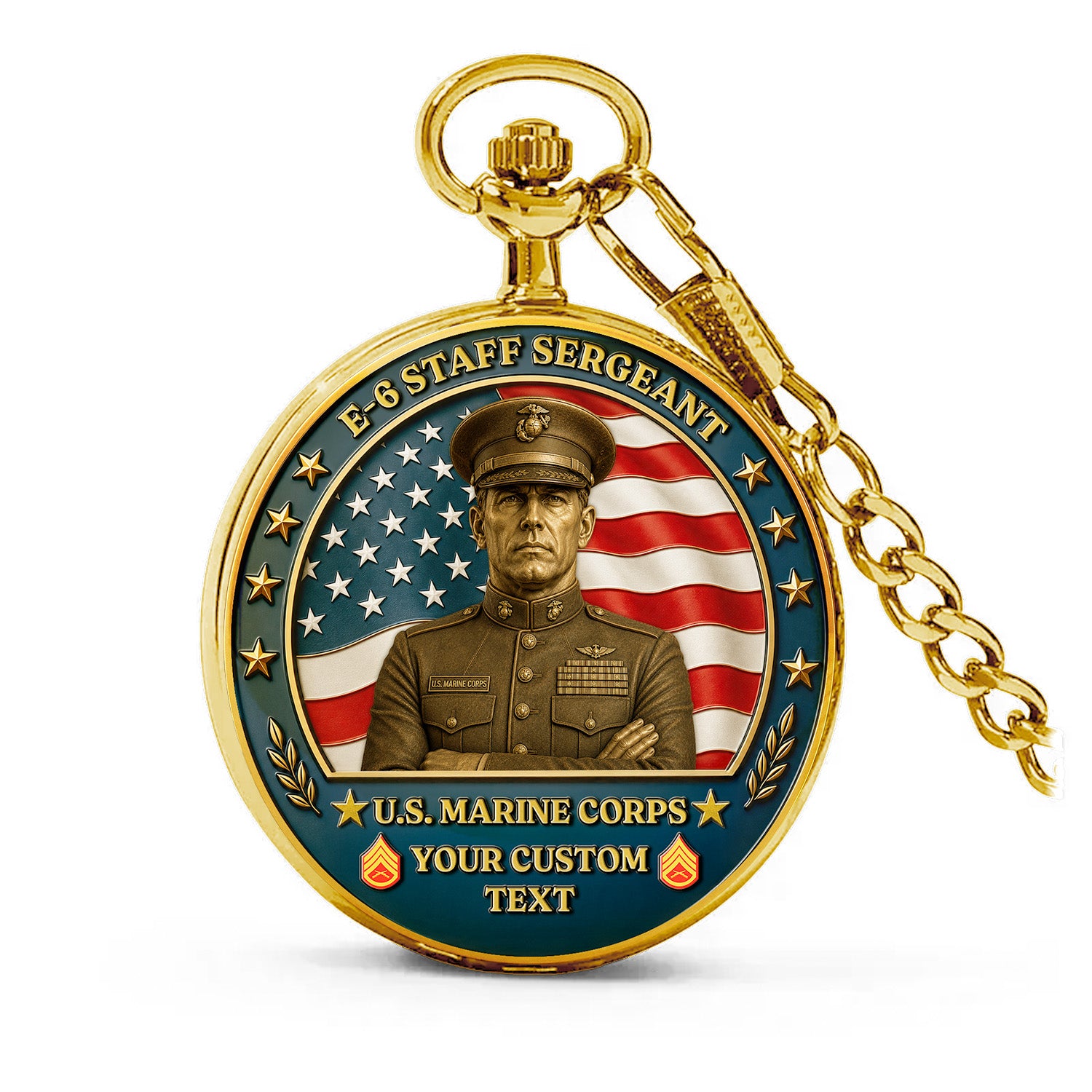 Custom USMC Rank Pocket Watch Military Veteran Gift