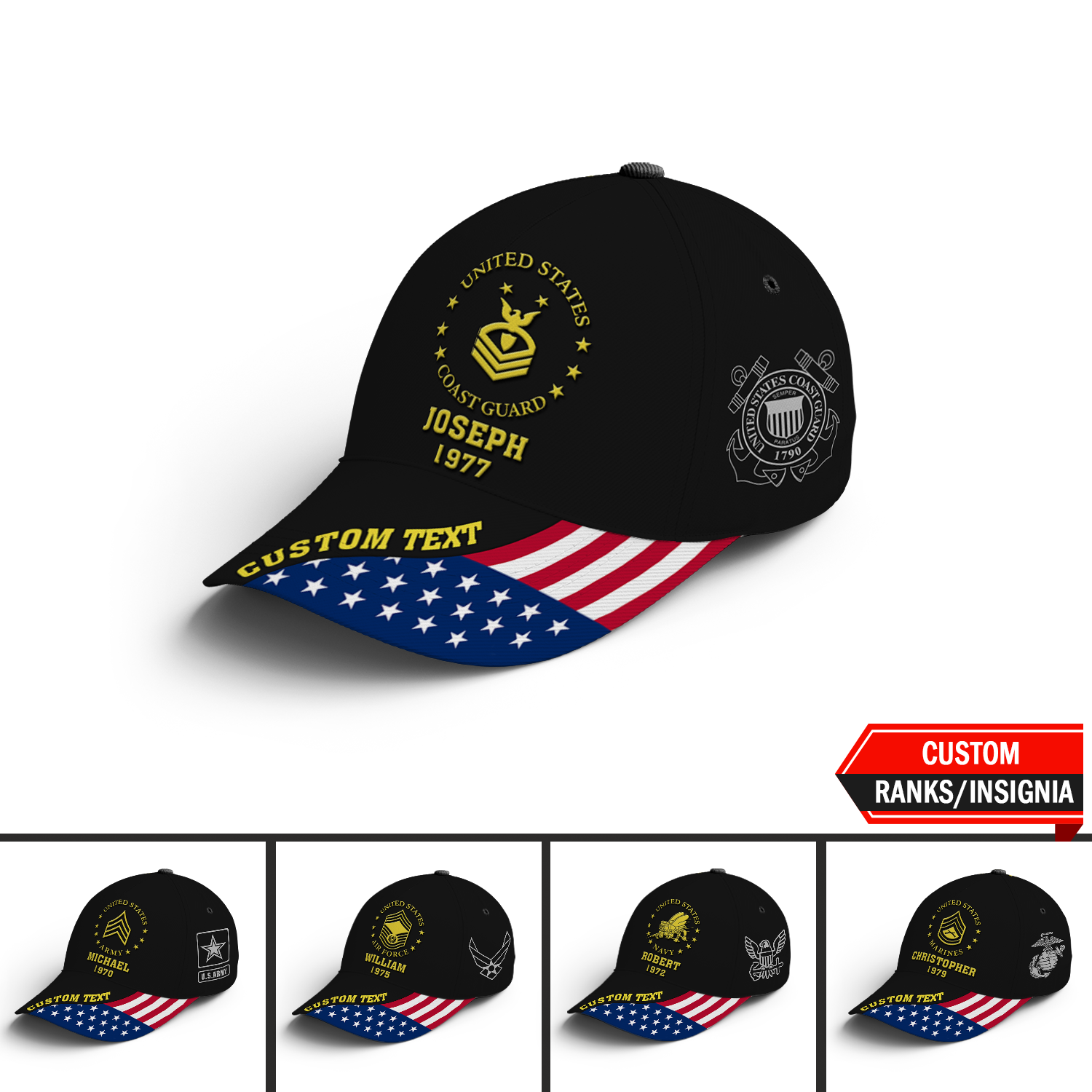 Custom Military Ranks/Insignia, Personalized Name And Years Served All Over Prints Premium Classic Cap