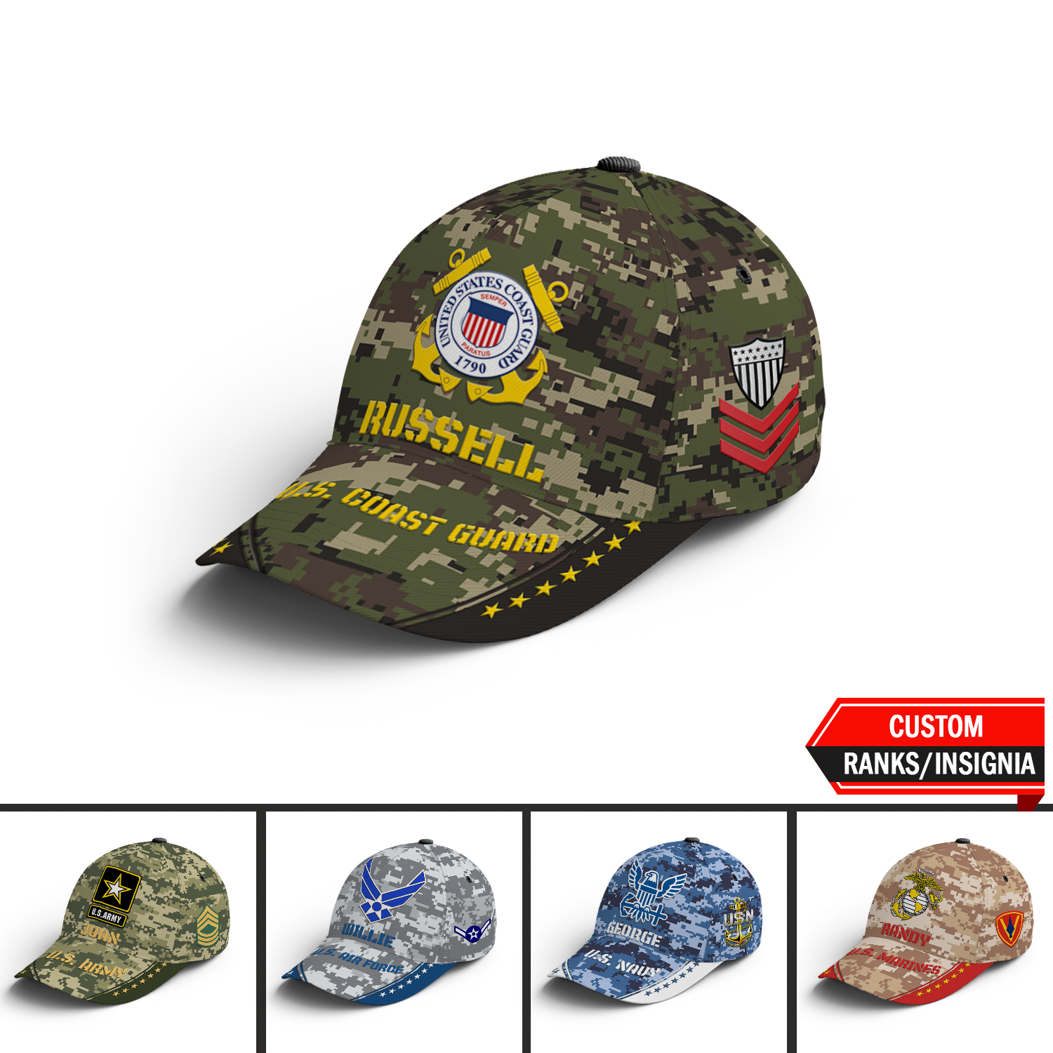 Custom Ranks/Insignia, Military Digital Camo, Personalized Name And Years Served All Over Prints Premium Classic Cap