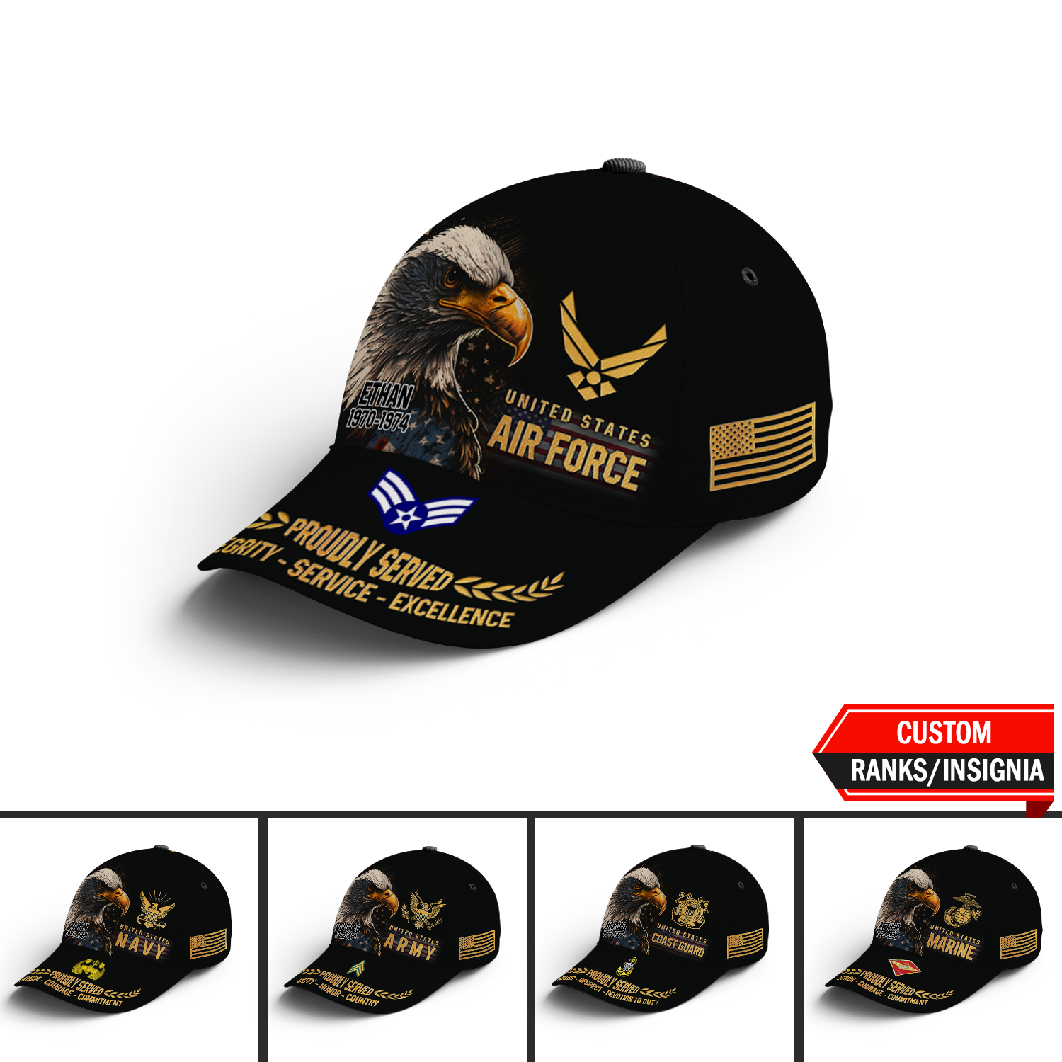 Karl-AOVCAP-10 Custom Ranks/Insignia, Personalized Name And Years Served All Over Prints Premium Classic Cap KAOVC10