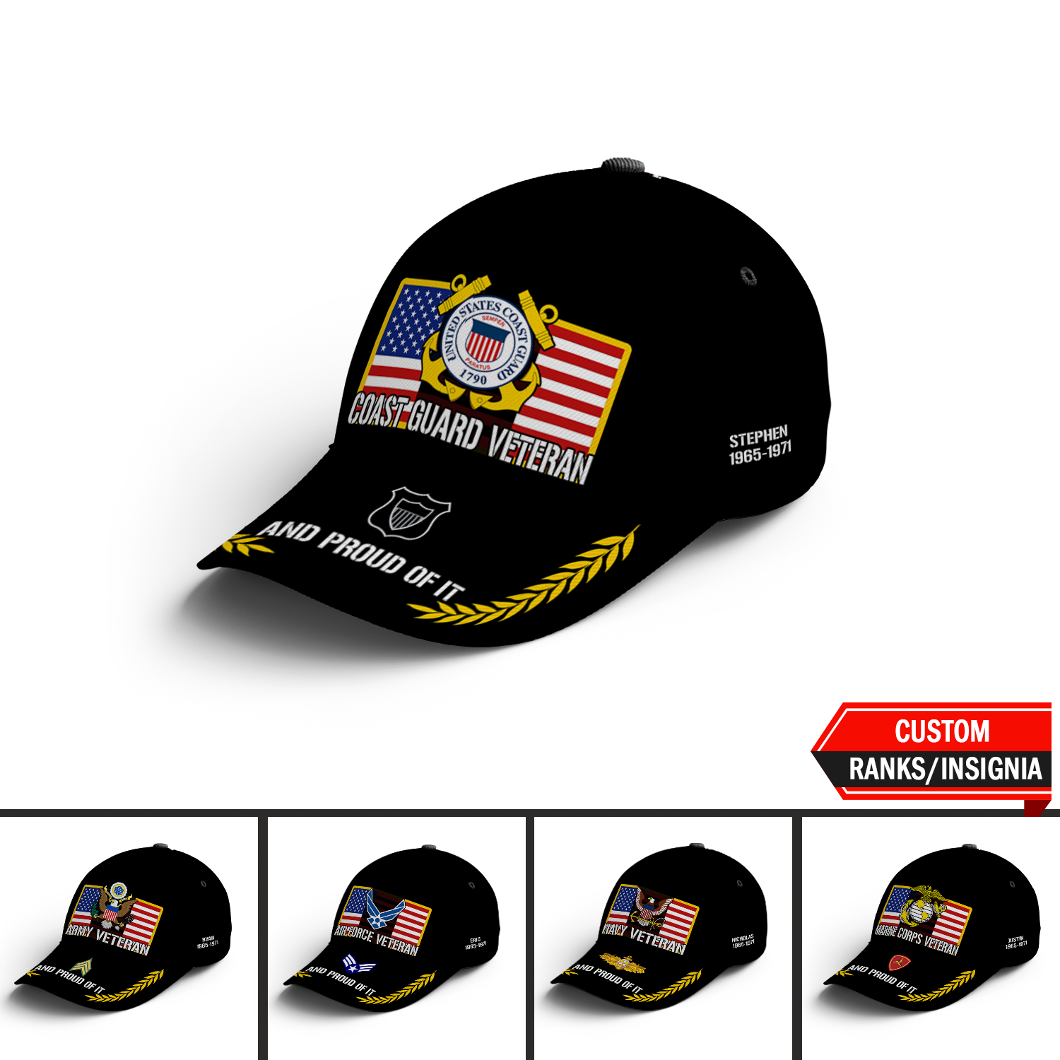 US Military Veteran Proudly Served Custom Ranks/Insignia, Personalized Name And Years Served All Over Prints Premium Classic Cap