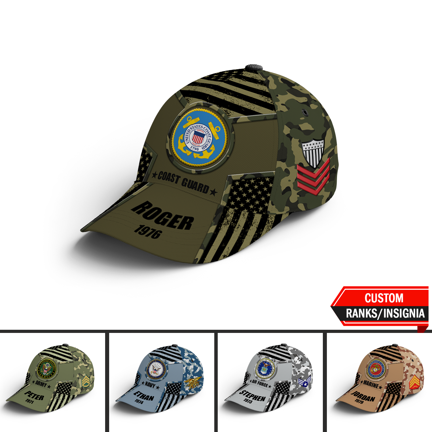 US Military Digital Camo, Custom Ranks/Insignia, Personalized Name And Years Served All Over Prints Premium Classic Cap