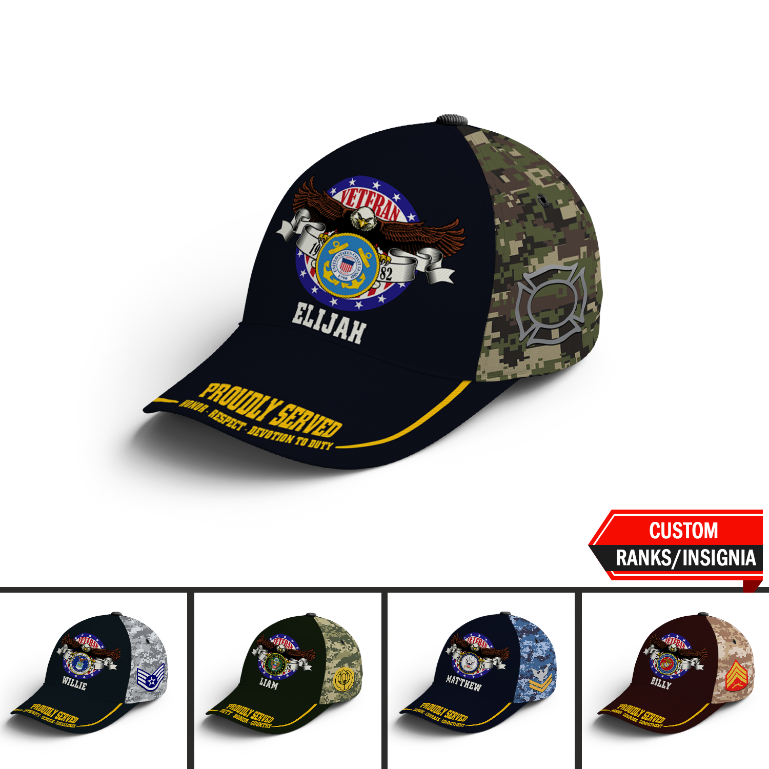 US Military Veteran, Proudly Served, Custom Ranks/Insignia, Personalized Name And Years Served All Over Prints Premium Classic Cap