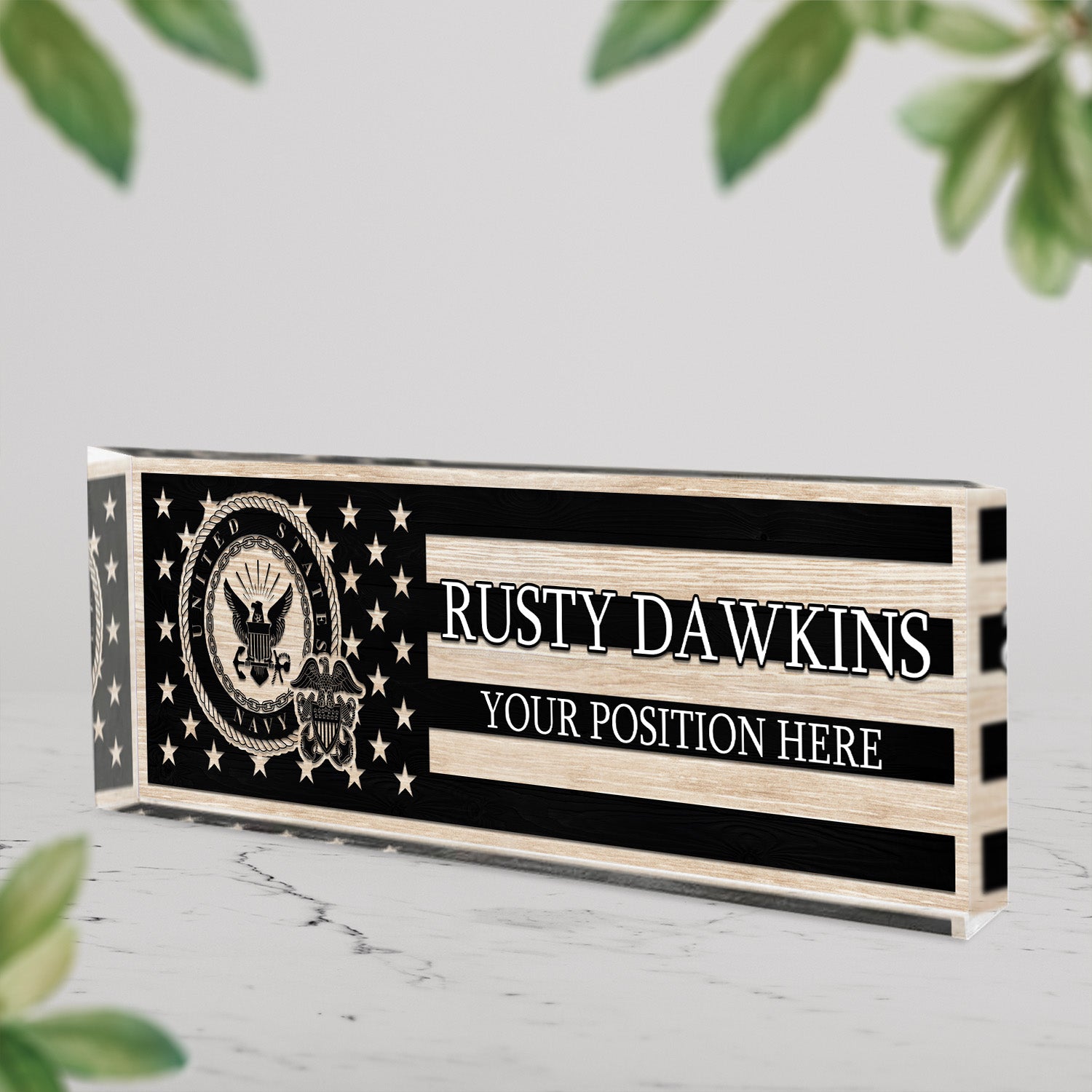 Custom US Navy Black & White Flag Desk Nameplate for Sailors, Veterans