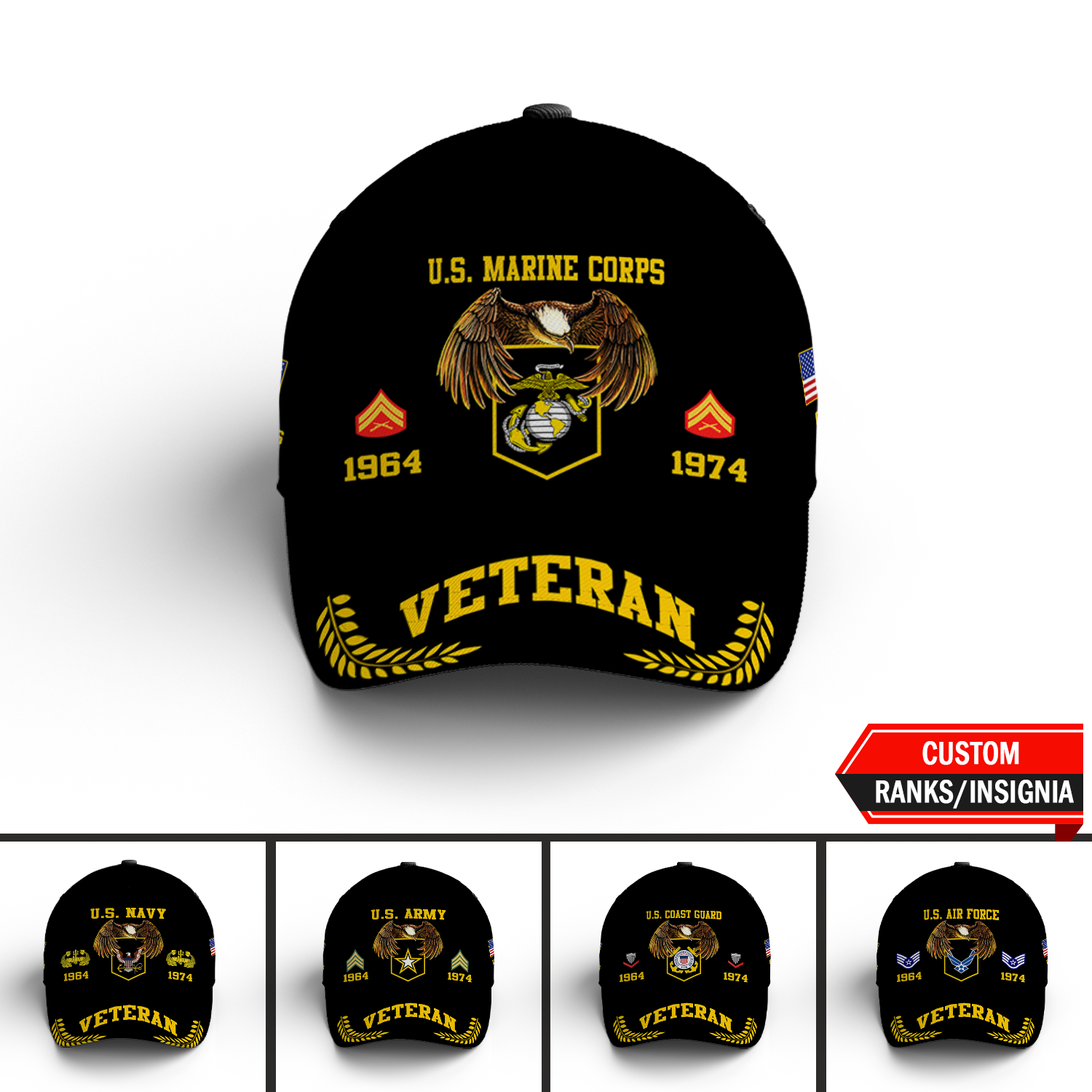 US Military Veteran Custom Ranks/Insignia, Personalized Name And Years Served All Over Prints Premium Classic Cap