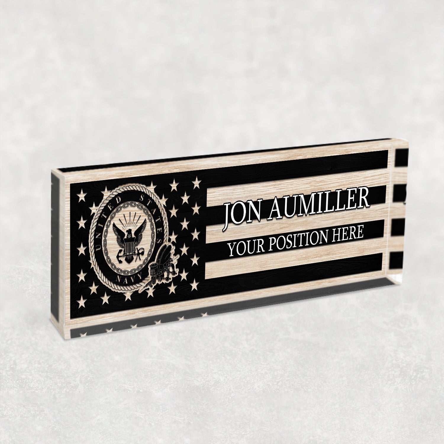 Custom US Navy Black & White Flag Desk Nameplate for Sailors, Veterans