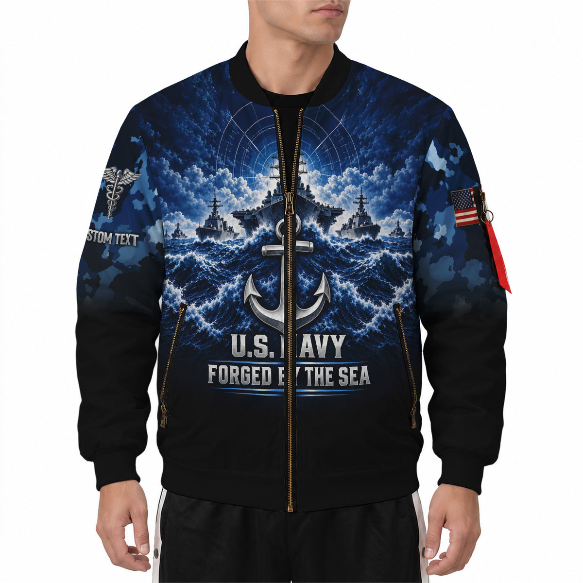 Custom US Navy Bomber Jacket Personalized Name Rank for Veterans