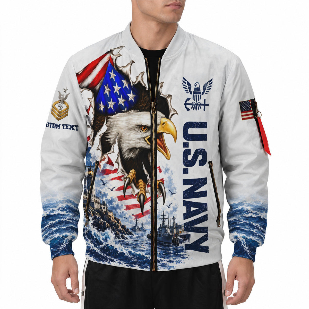 Personalized U.S. Navy Bomber Jacket Custom Rank & Text Veteran Gift