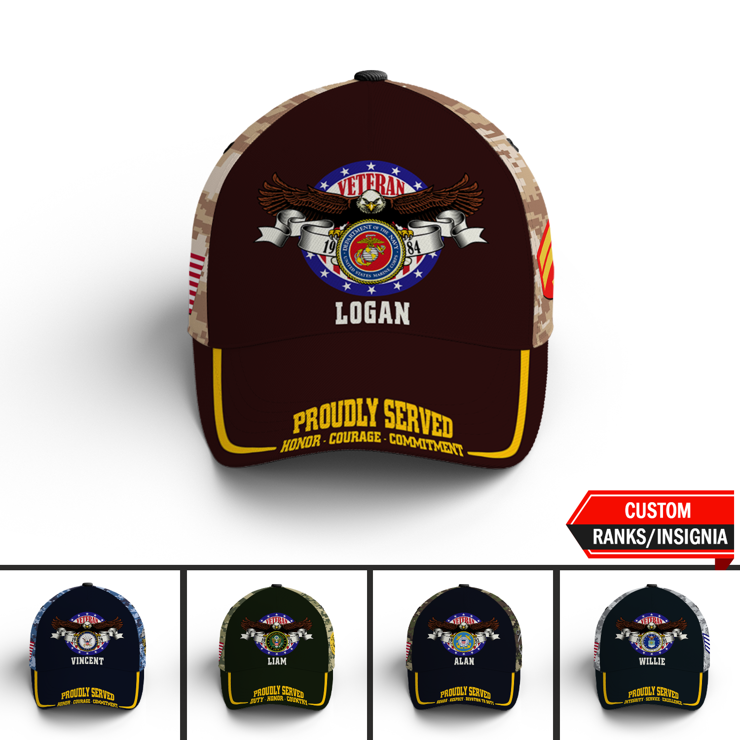 US Military Veteran, Proudly Served, Custom Ranks/Insignia, Personalized Name And Years Served All Over Prints Premium Classic Cap