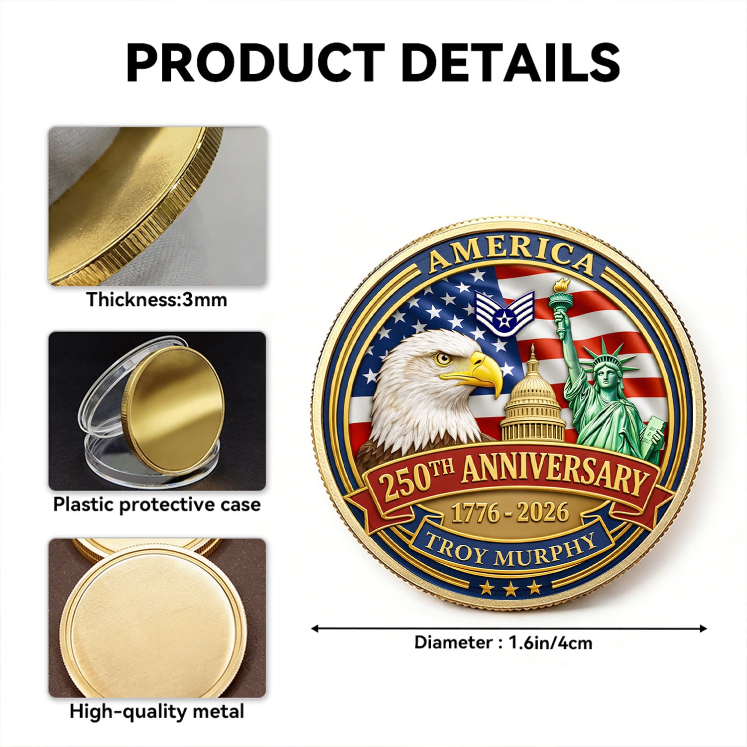 USA 250th Challenge Coin Custom Rank Name USAF